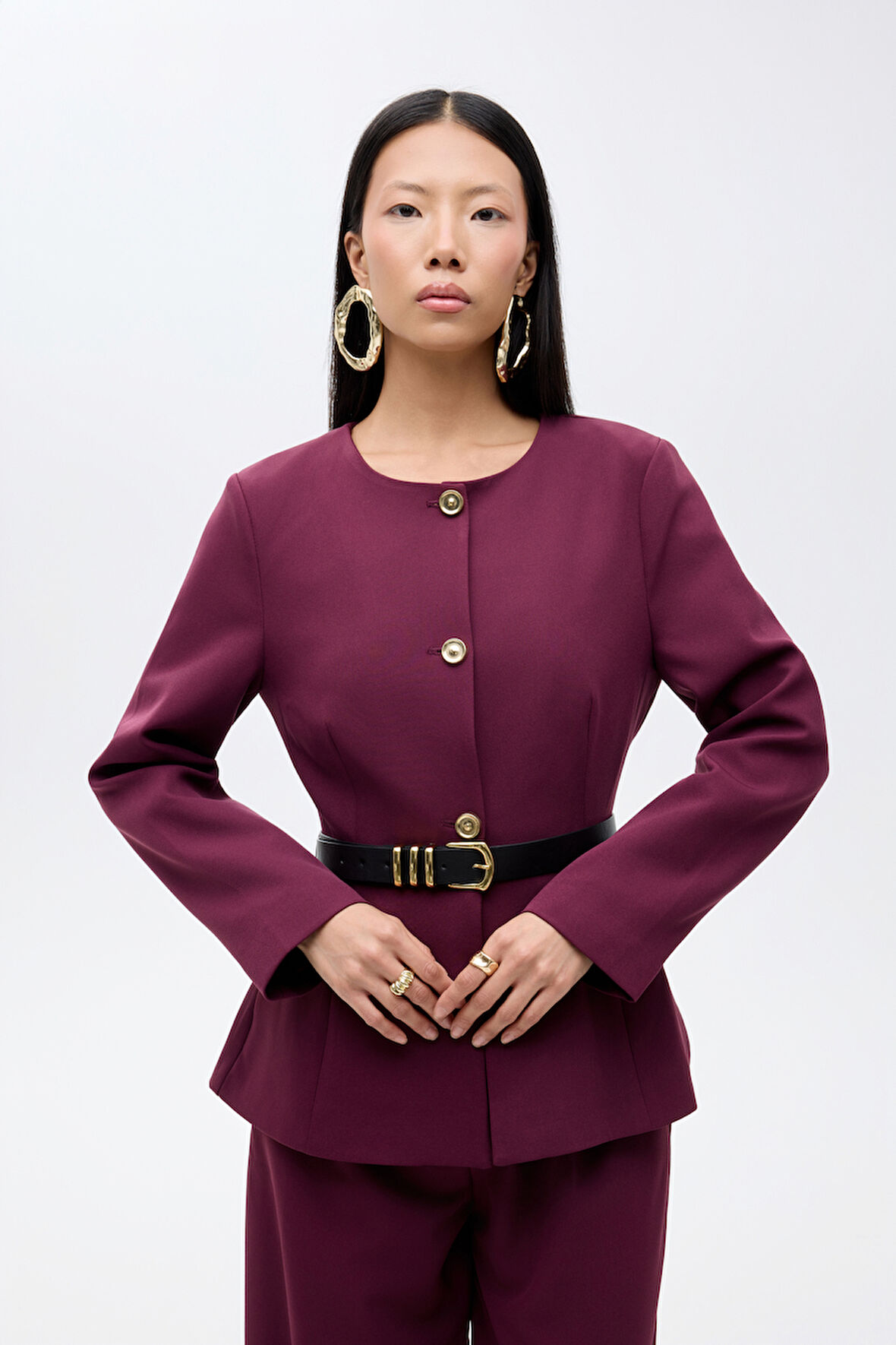 Kemer Aksesuarlı Yuvarlak Yaka Ceket Mürdüm