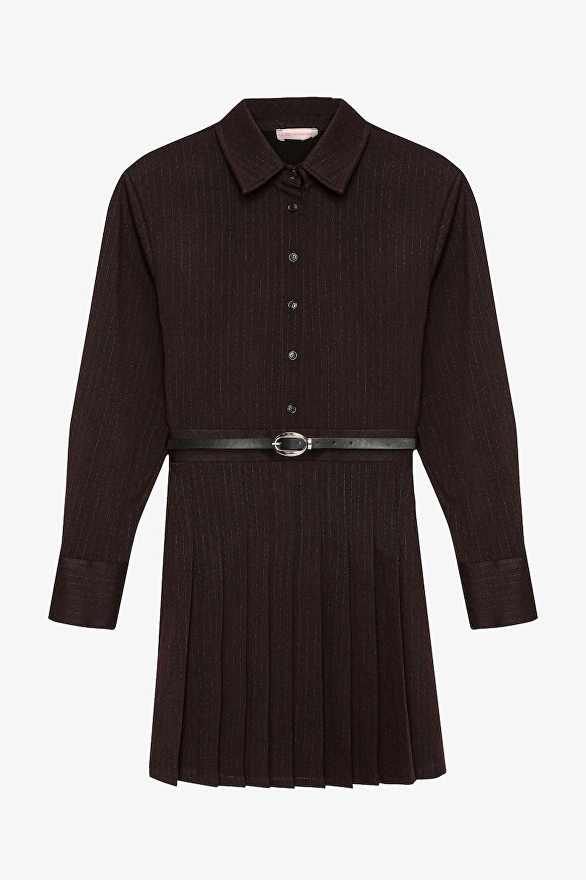 Pileli Kemerli Mini Gömlek Elbise Kahverengi