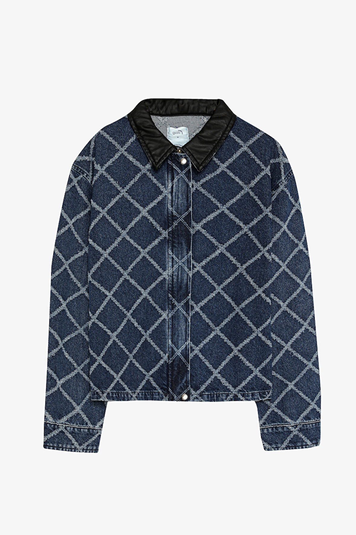 Baklava Desenli Deri Yaka Fermuarlı Kot Ceket Mavi