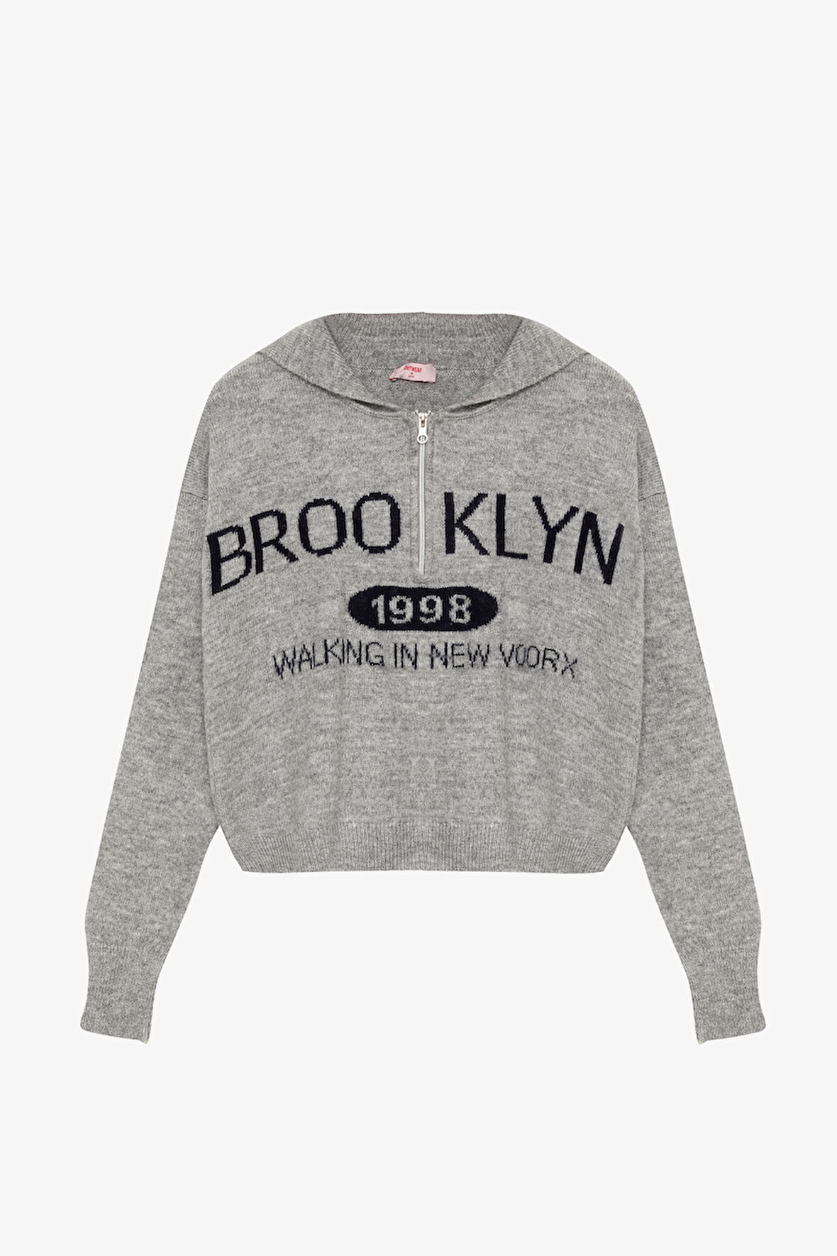 Brooklyn Yazılı Yarım Fermuarlı Triko Kazak Gri
