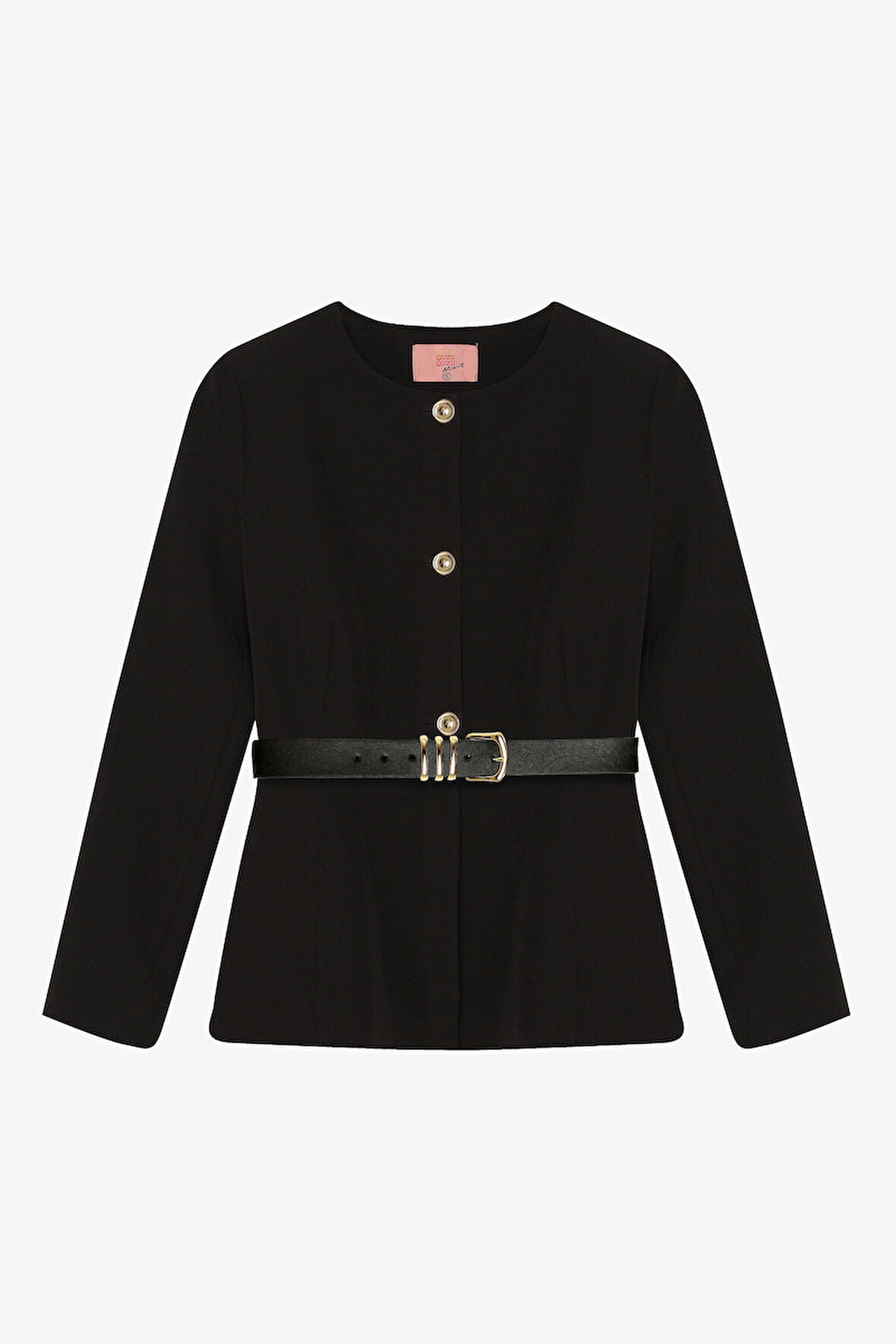 Kemer Aksesuarlı Yuvarlak Yaka Ceket Siyah