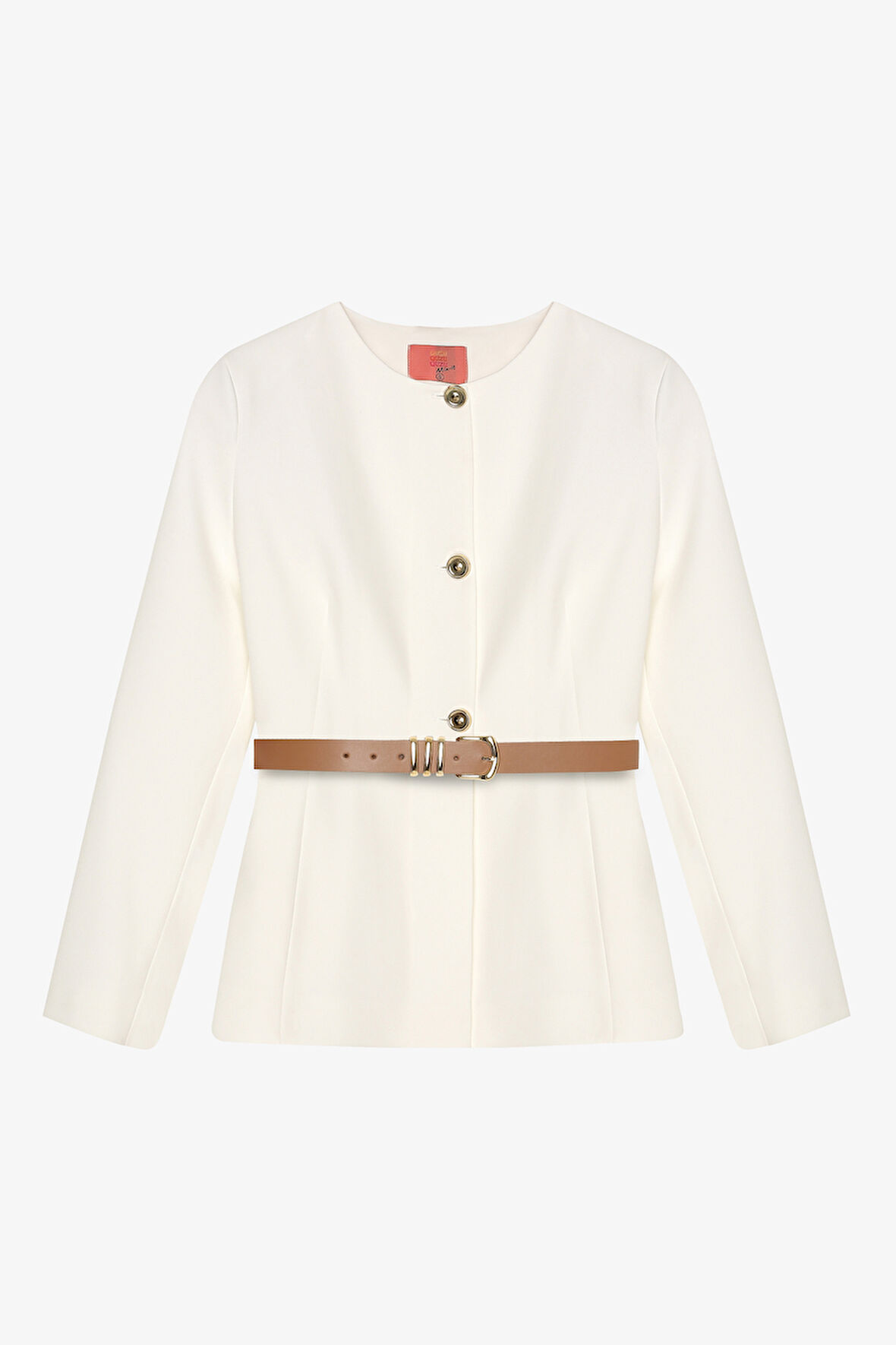 Kemer Aksesuarlı Yuvarlak Yaka Ceket Ekru