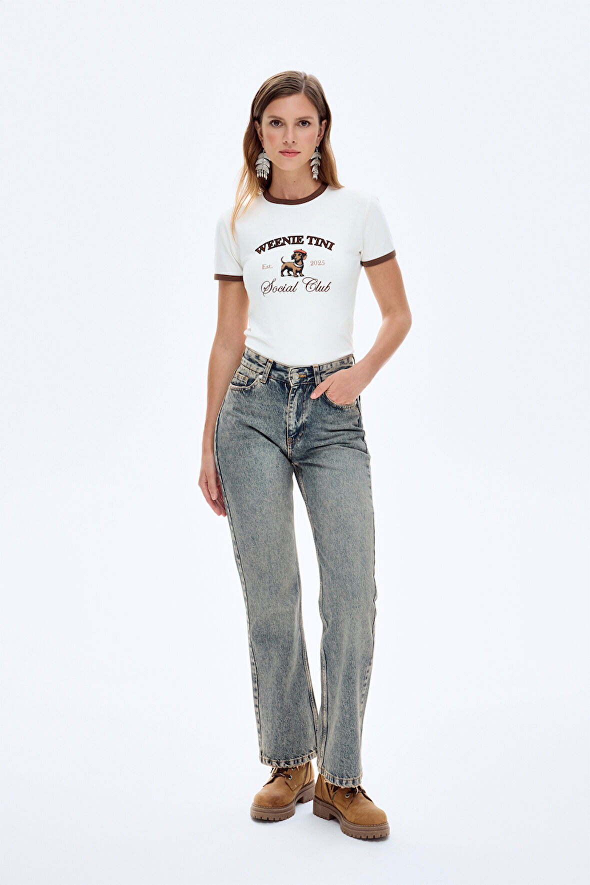 Yıkamalı Yüksek Bel Düz Paça Kot Pantolon Mavi