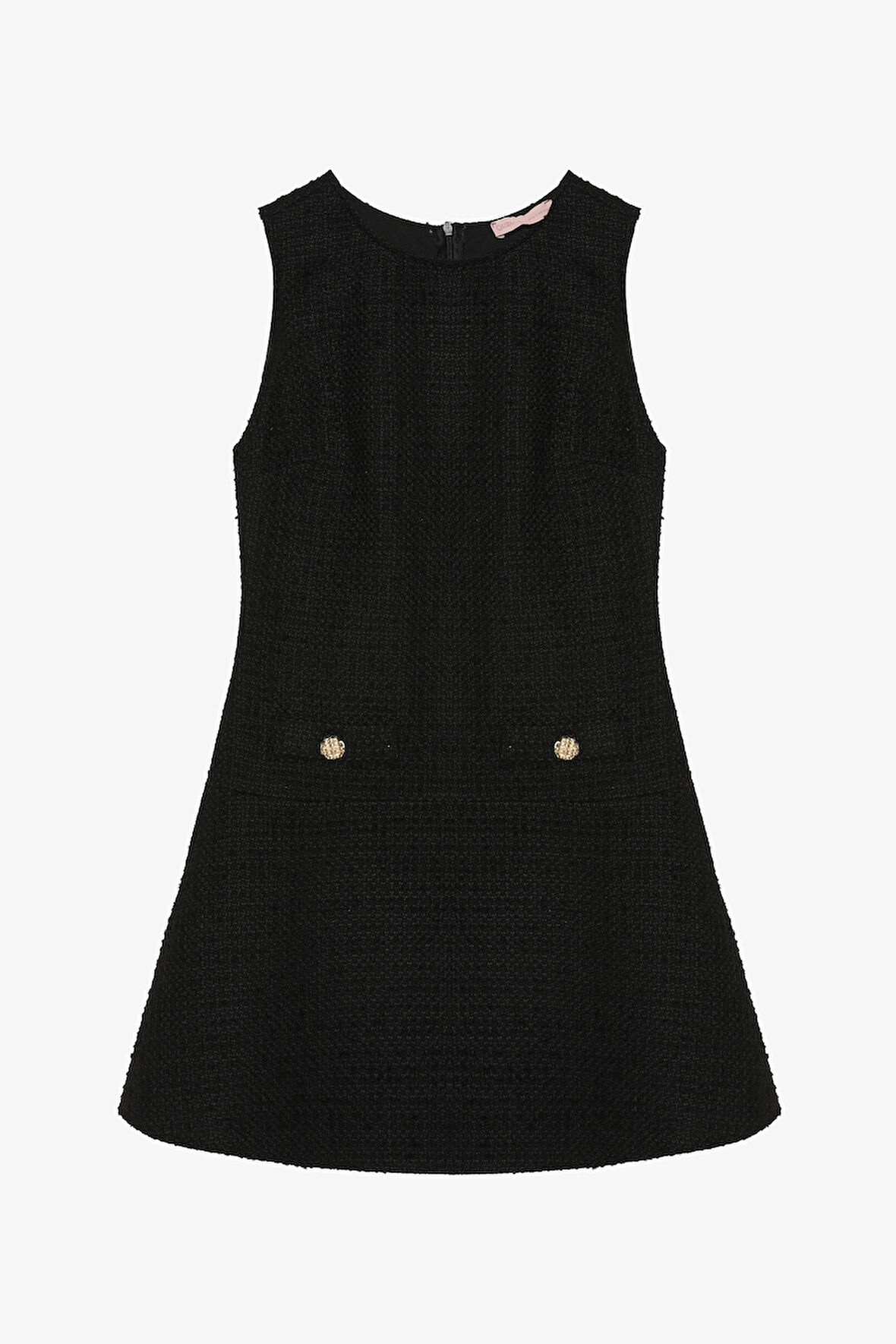 Cep Detaylı Yuvarlak Yaka Tüvit Mini Elbise Siyah