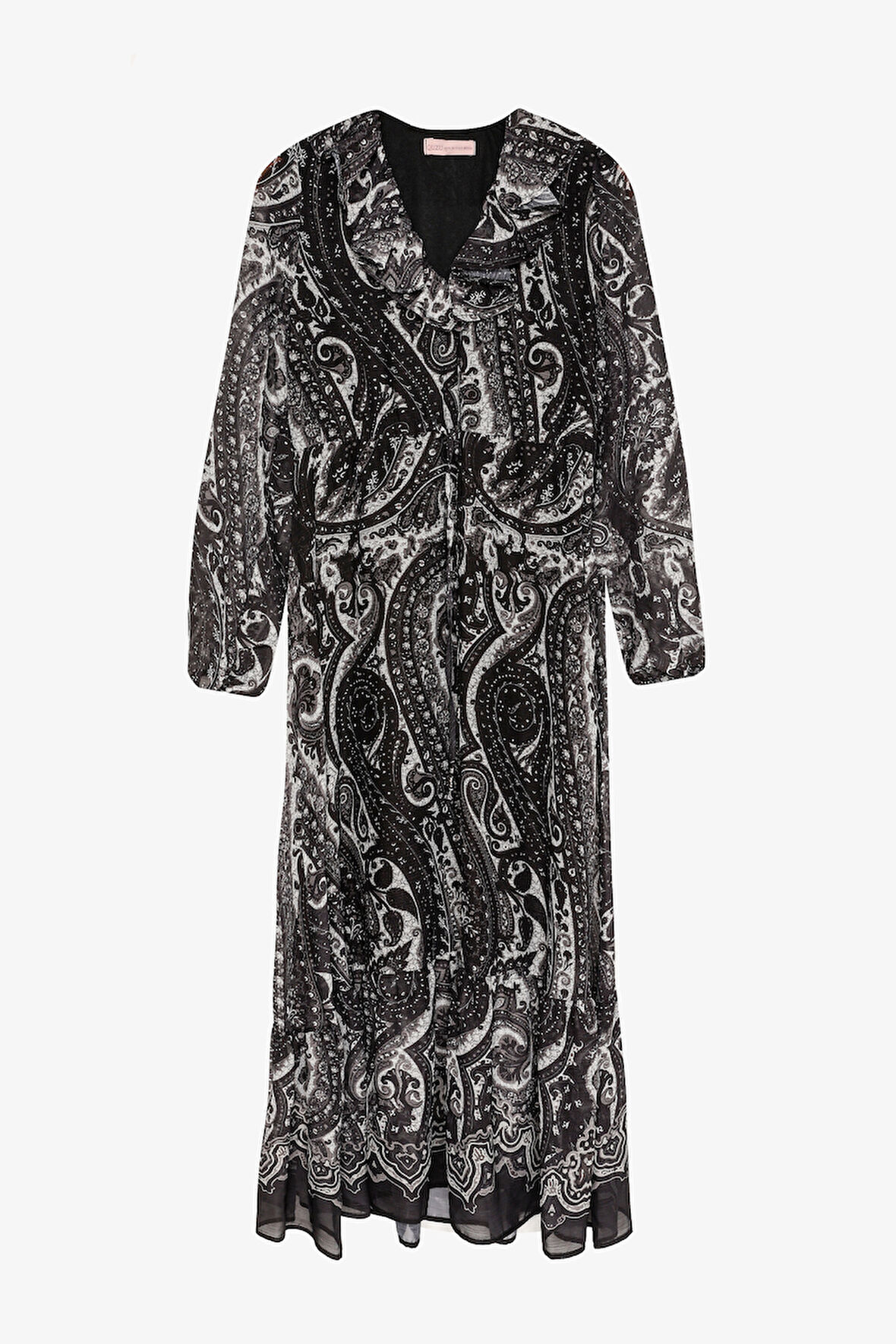 Etnik Desenli Volan Yaka Uzun Elbise Siyah