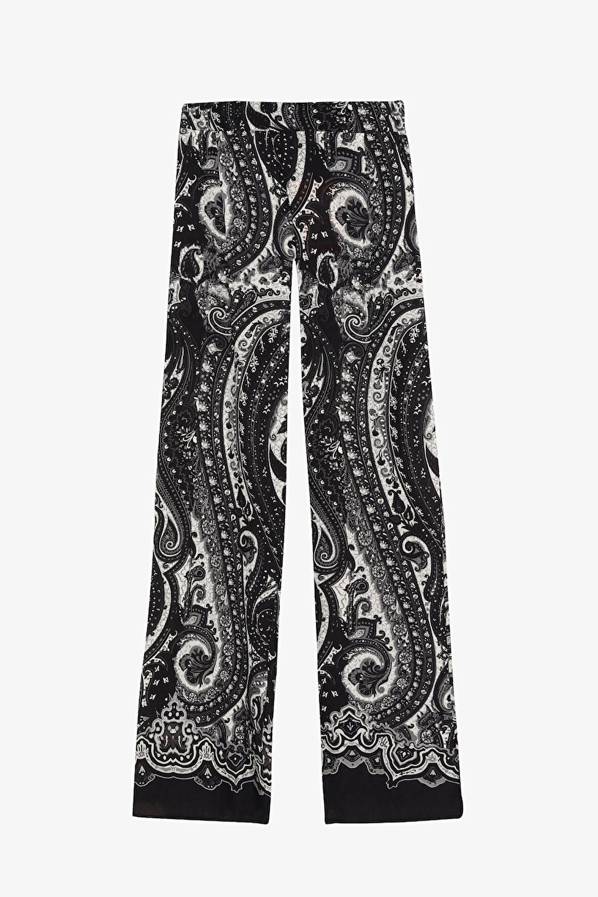 Etnik Desenli Yüksek Bel Bol Paça Pantolon Siyah