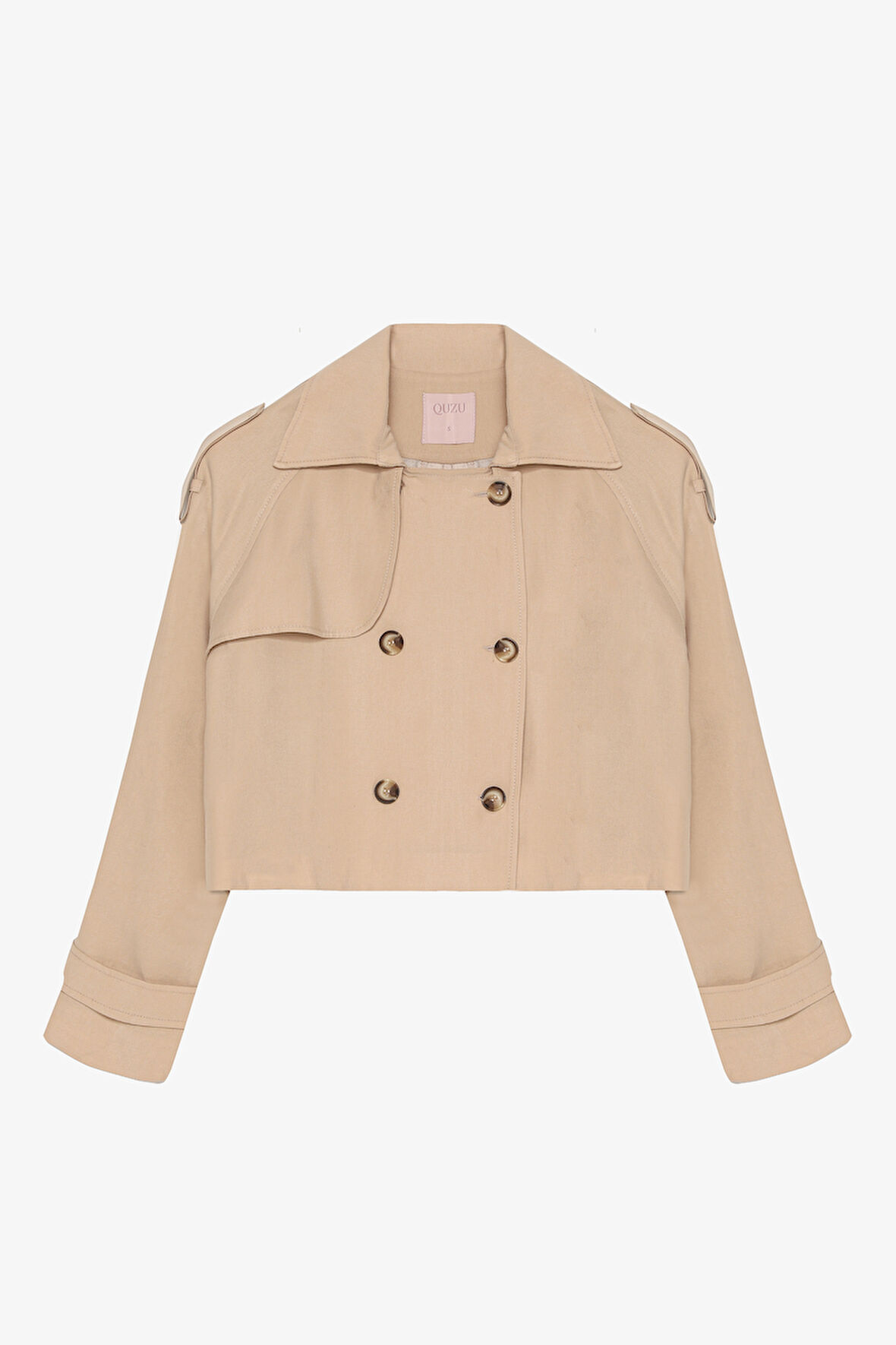 Çift Düğmeli Kruvaze Yaka Kısa Trençkot Bej