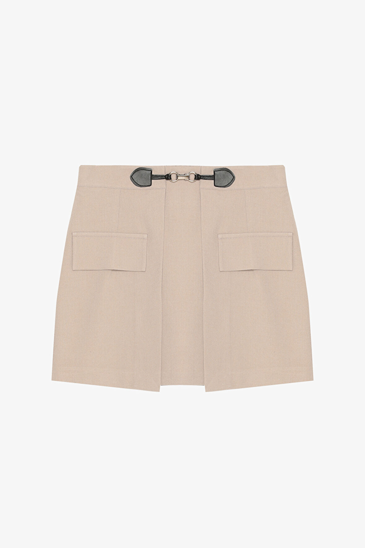 Toka Aksesuarlı Cepli Mini Etek Bej