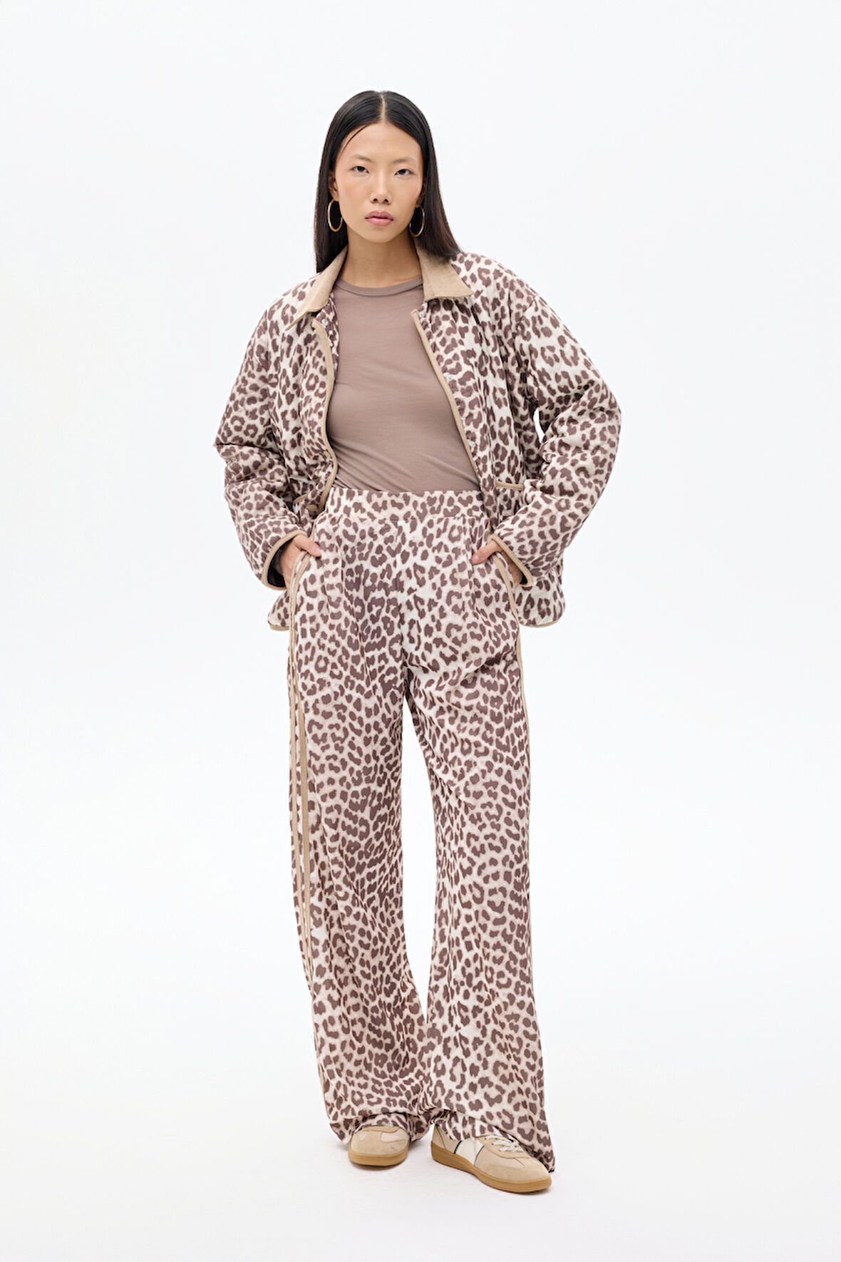 Leopar Desenli Şeritli Bol Paça Pantolon Kahverengi