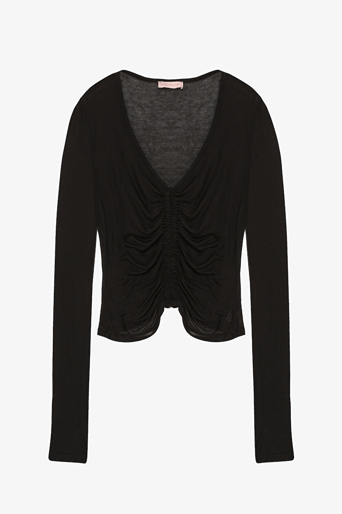 Önü Büzgülü V Yaka Transparan Bluz Siyah