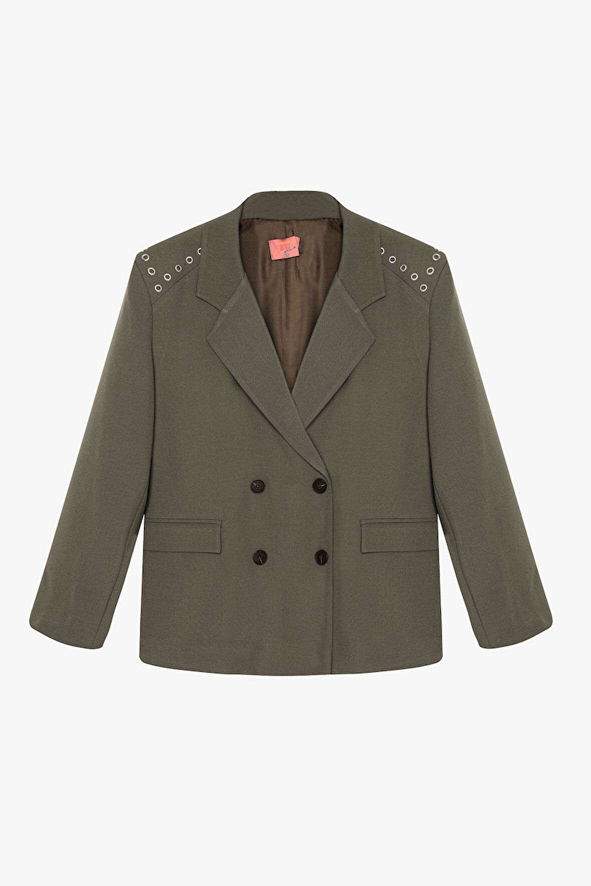 Kuş Gözü Detaylı Çift Düğmeli Oversize Blazer Ceket Haki