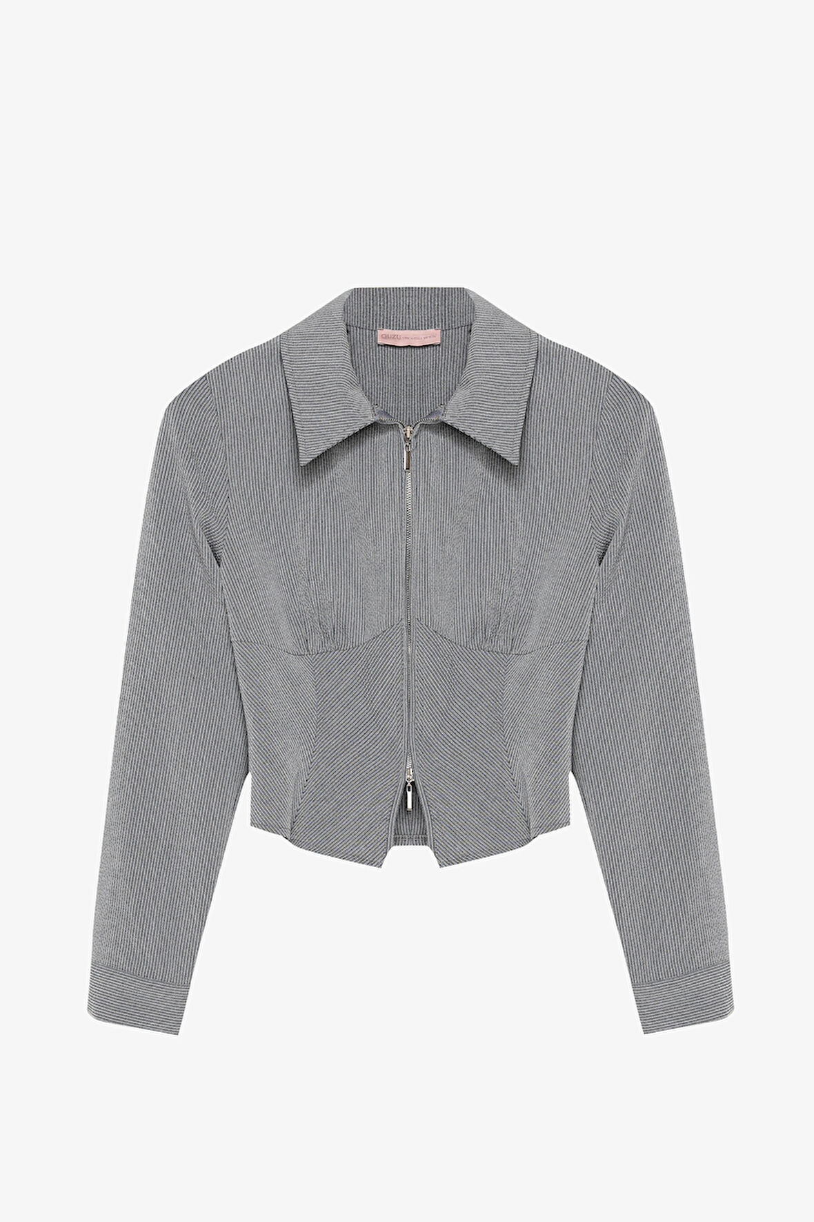 Klasik Yaka Önü Fermuarlı Dokulu Gömlek Gri