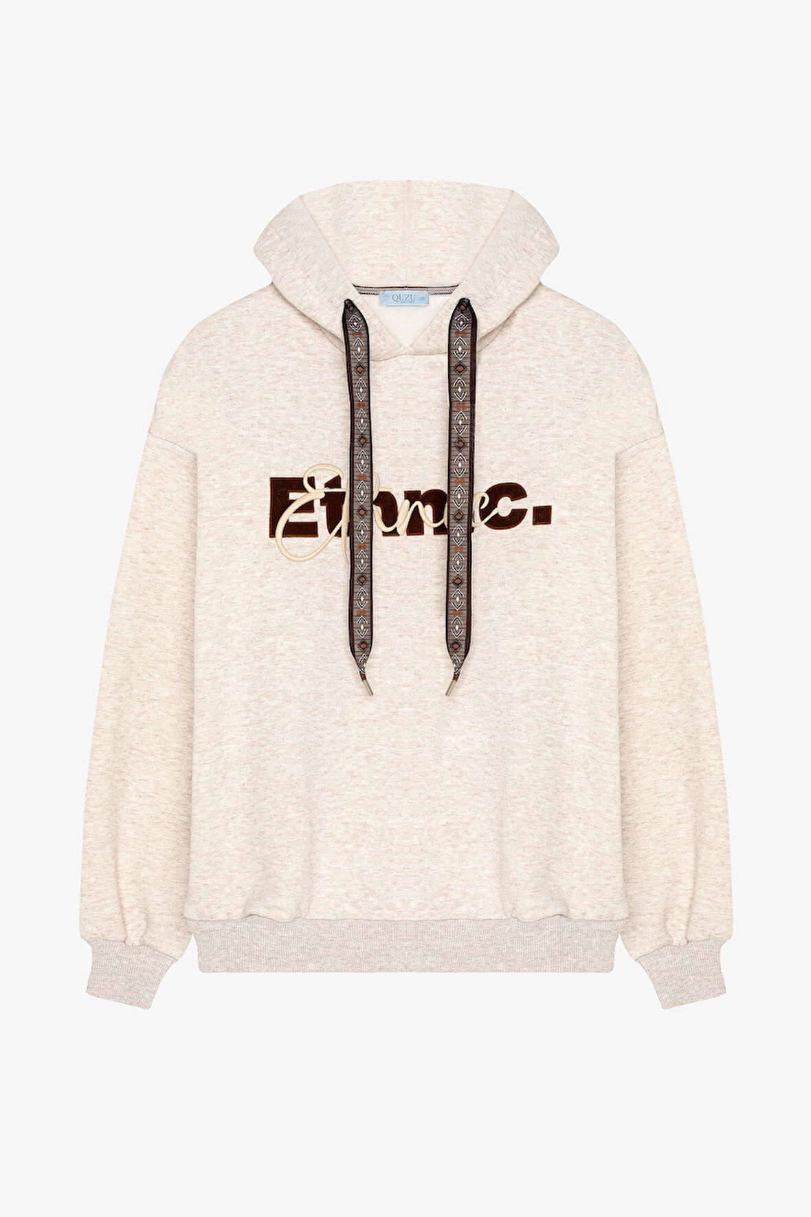 Yazı Nakışlı Kordonlu Oversize Sweatshirt Bej
