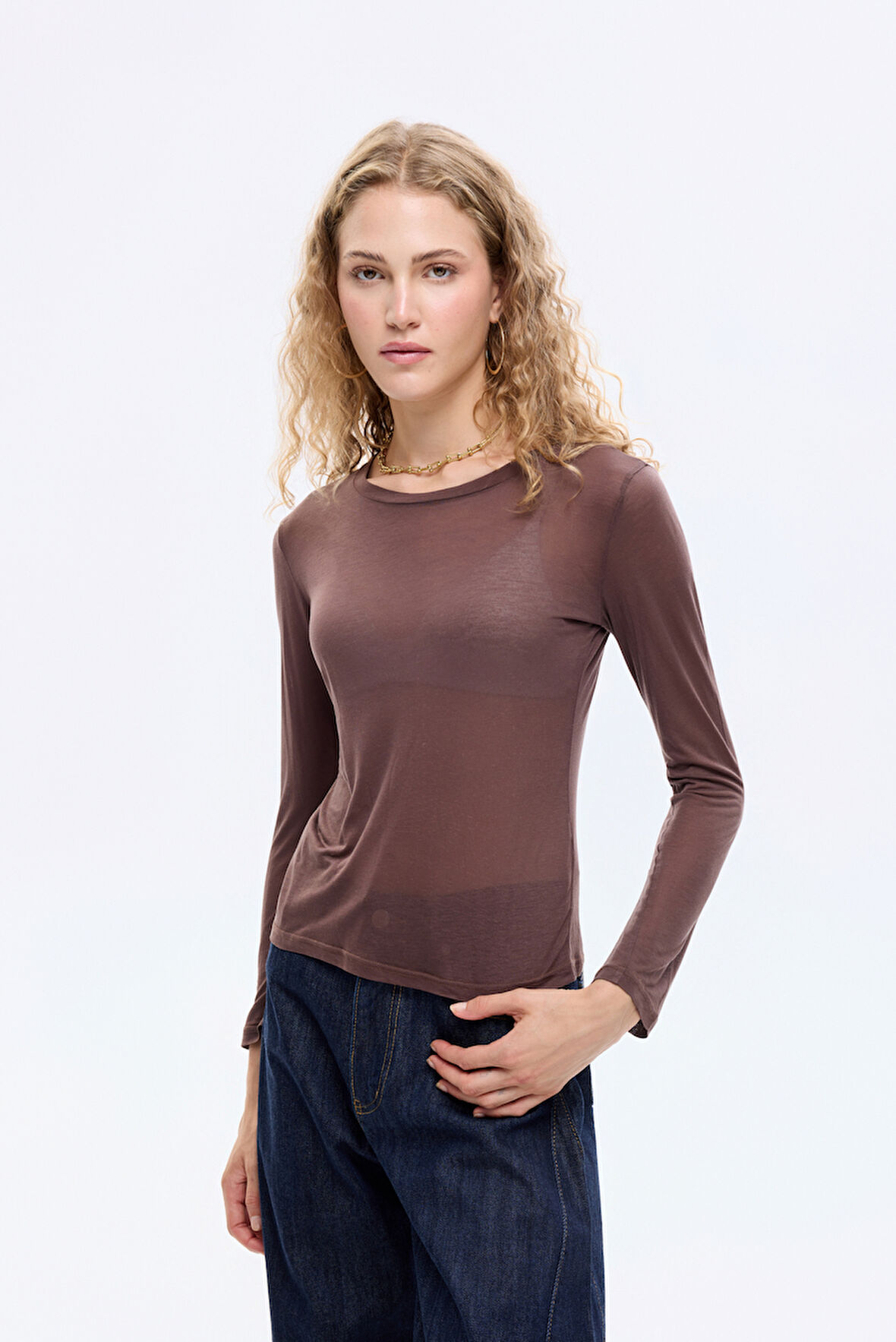 Bisiklet Yaka Basic Bluz Kahverengi