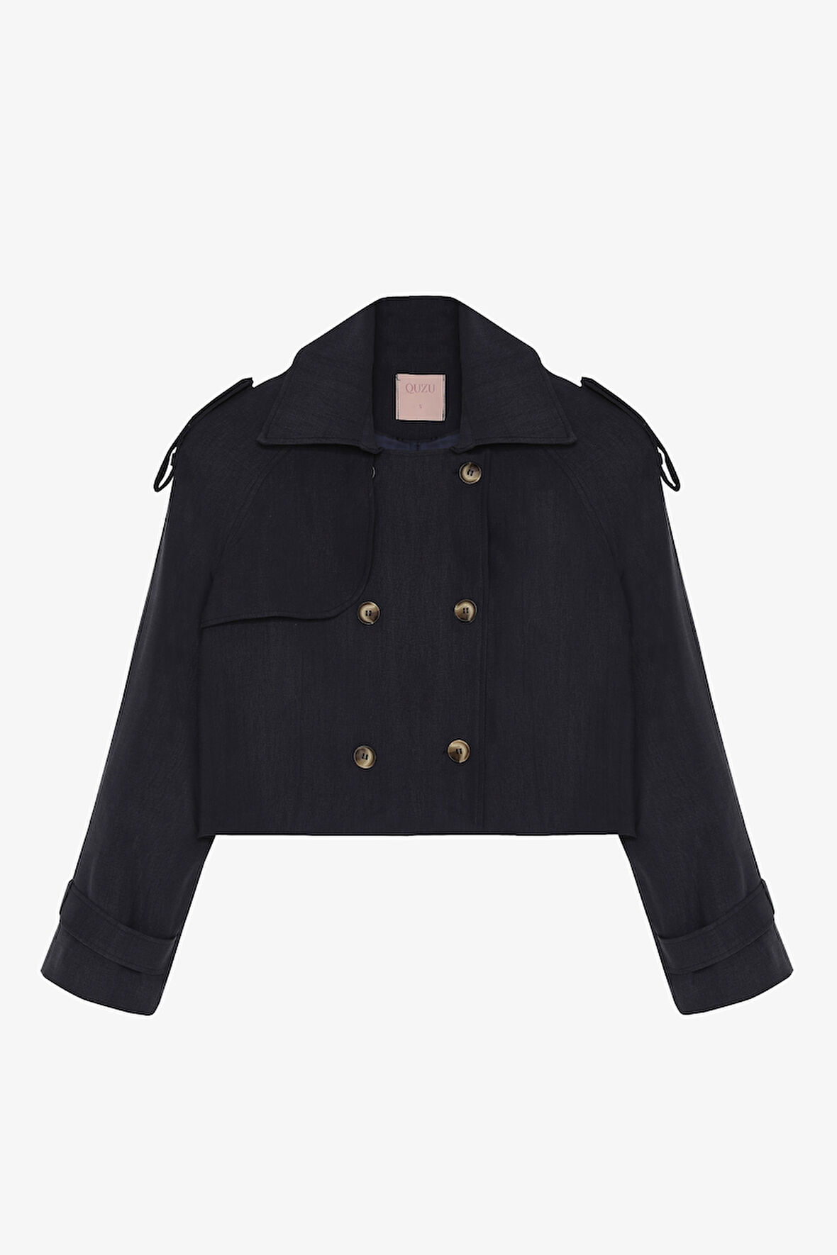 Çift Düğmeli Kruvaze Yaka Kısa Trençkot Lacivert