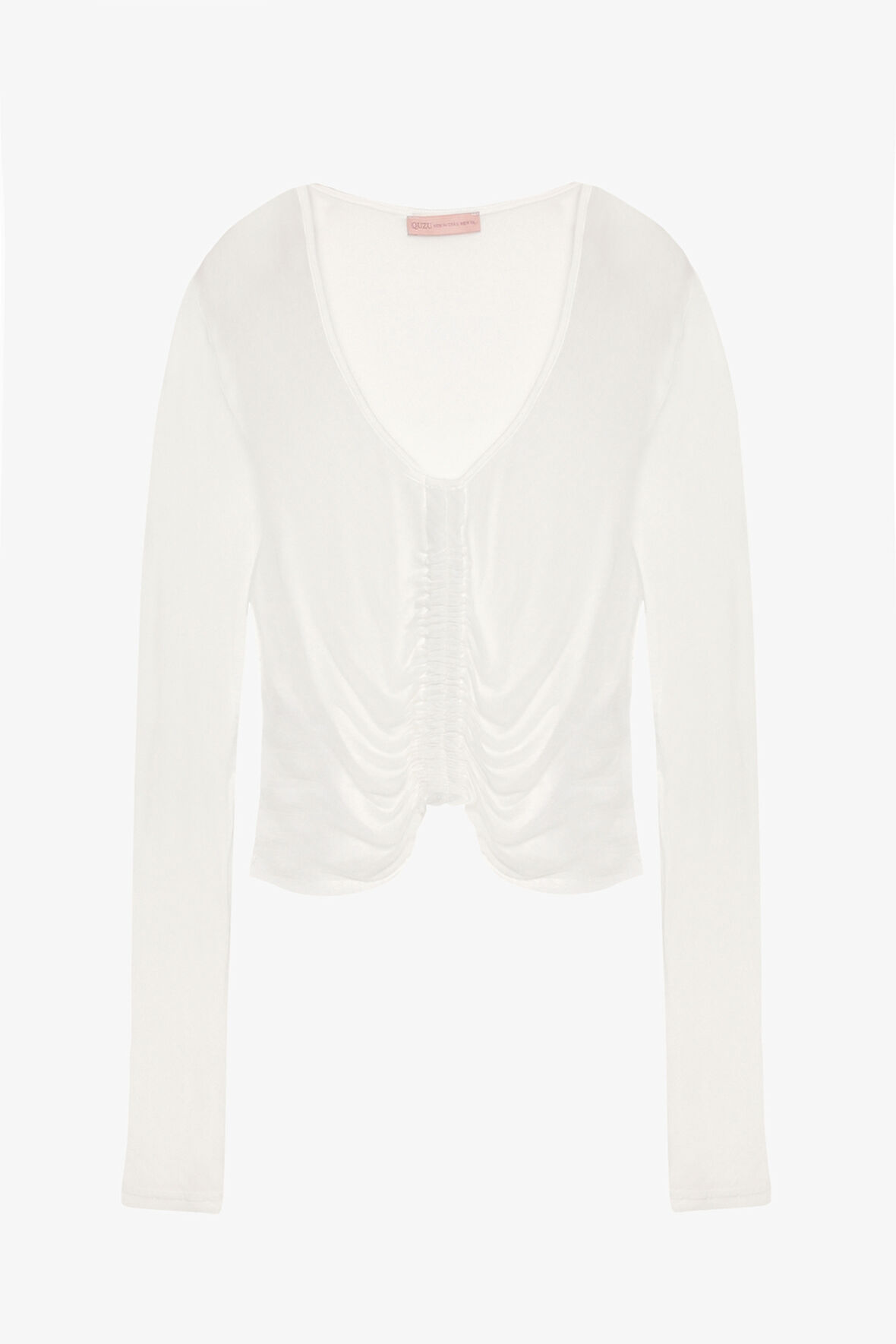 Önü Büzgülü V Yaka Transparan Bluz Ekru