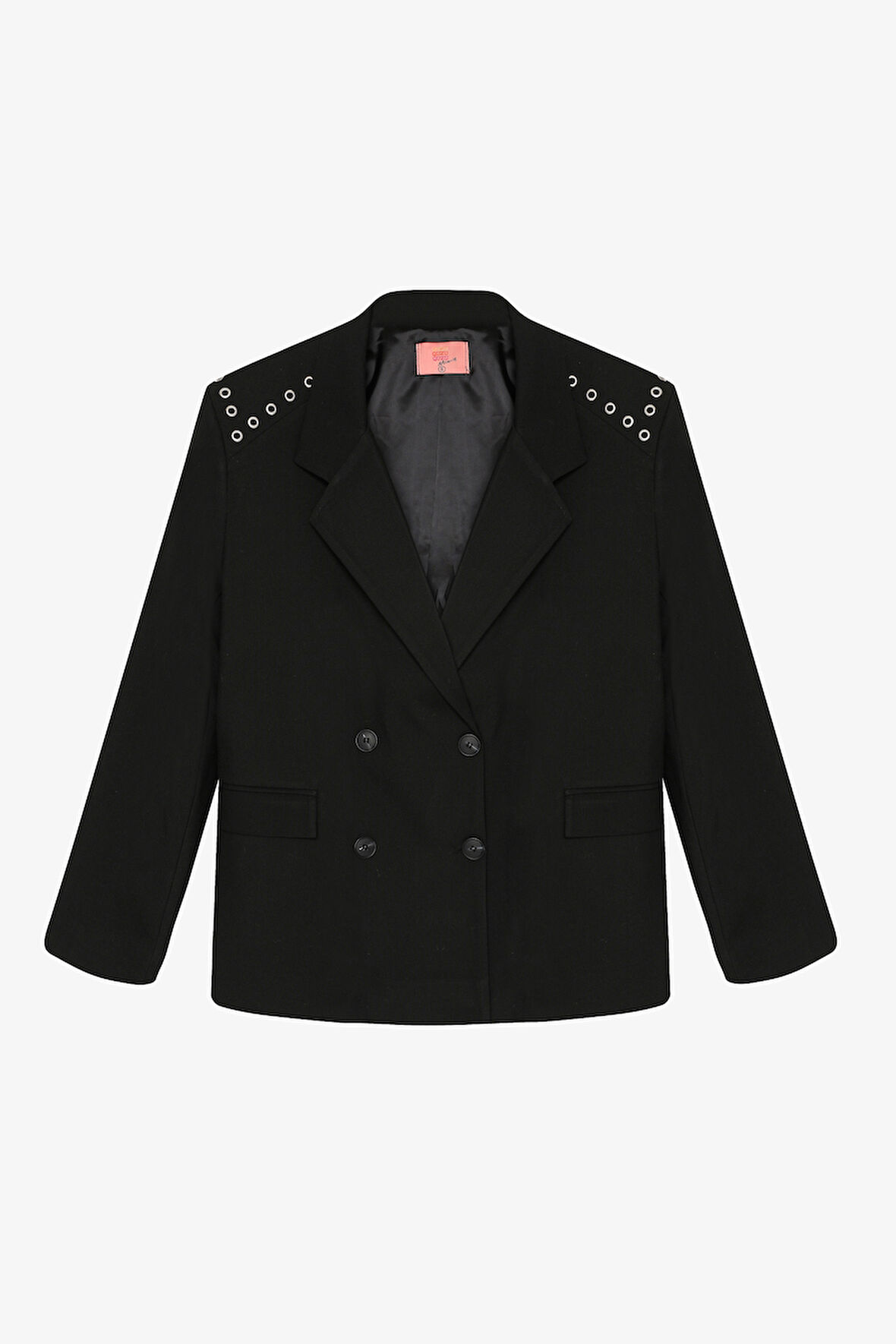 Kuş Gözü Detaylı Çift Düğmeli Oversize Blazer Ceket Siyah