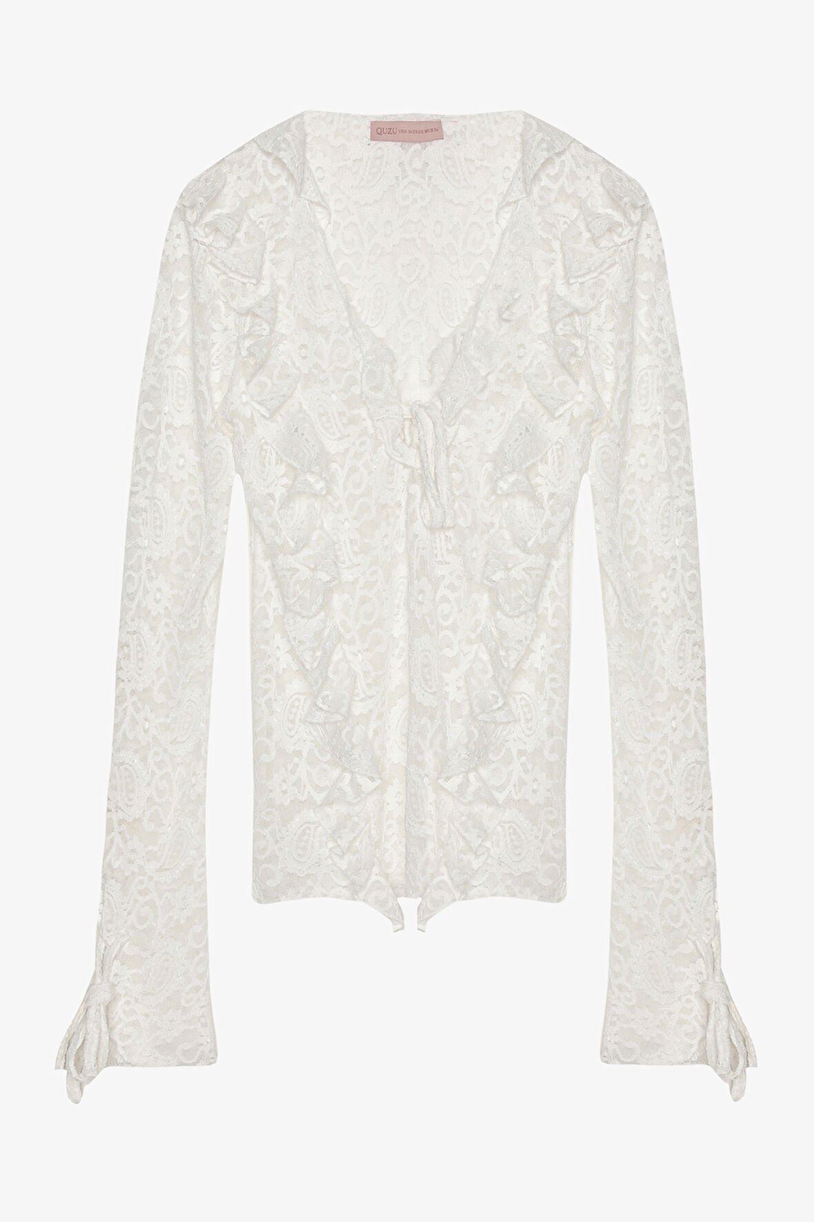 Fırfırlı V Yaka Dantel Bluz Ekru