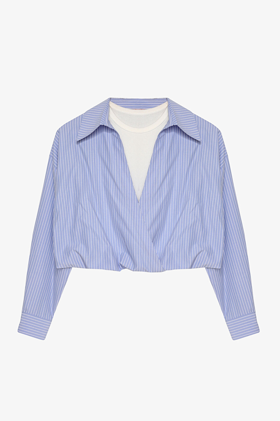 Çizgili Geniş Yaka Atlet Garnili Bluz Mavi