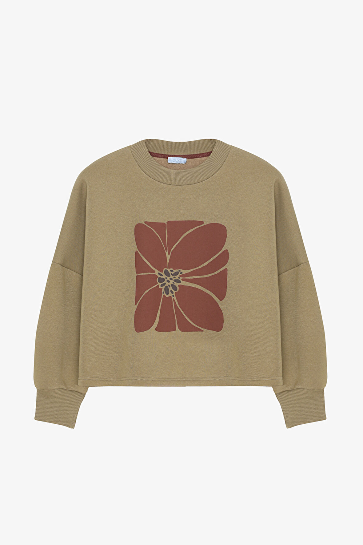 Çiçek Baskılı Oversize Sweatshirt Haki