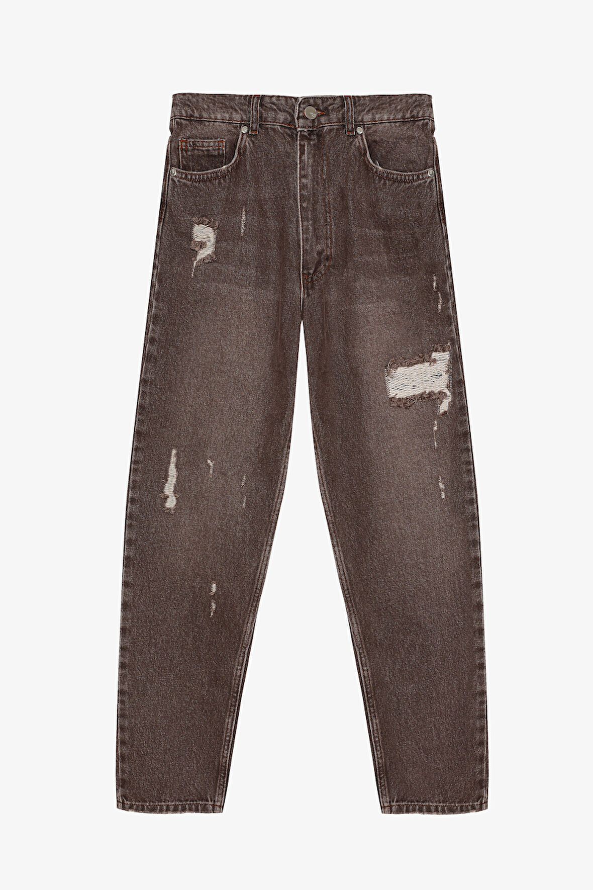 Eskitme Görünümlü Yırtık Detaylı Mom Jean Kahverengi