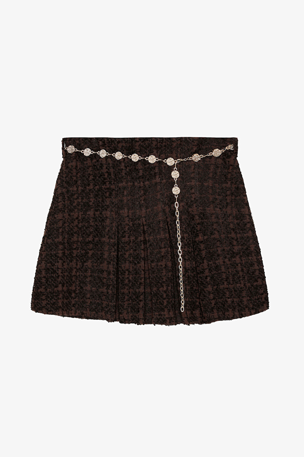 Zincir Kemerli Pileli Tüvit Mini Etek Kahverengi