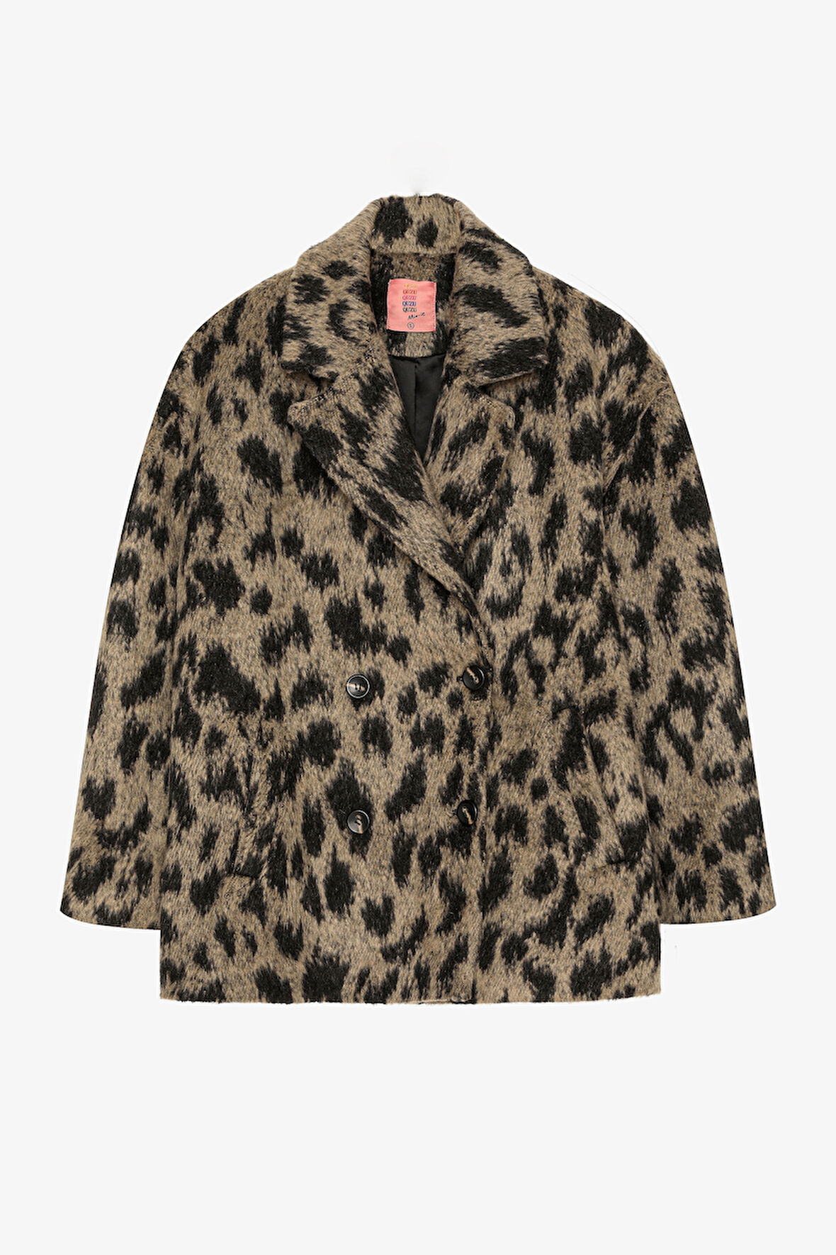 Leopar Desenli Oversize Kruvaze Kaban Bej