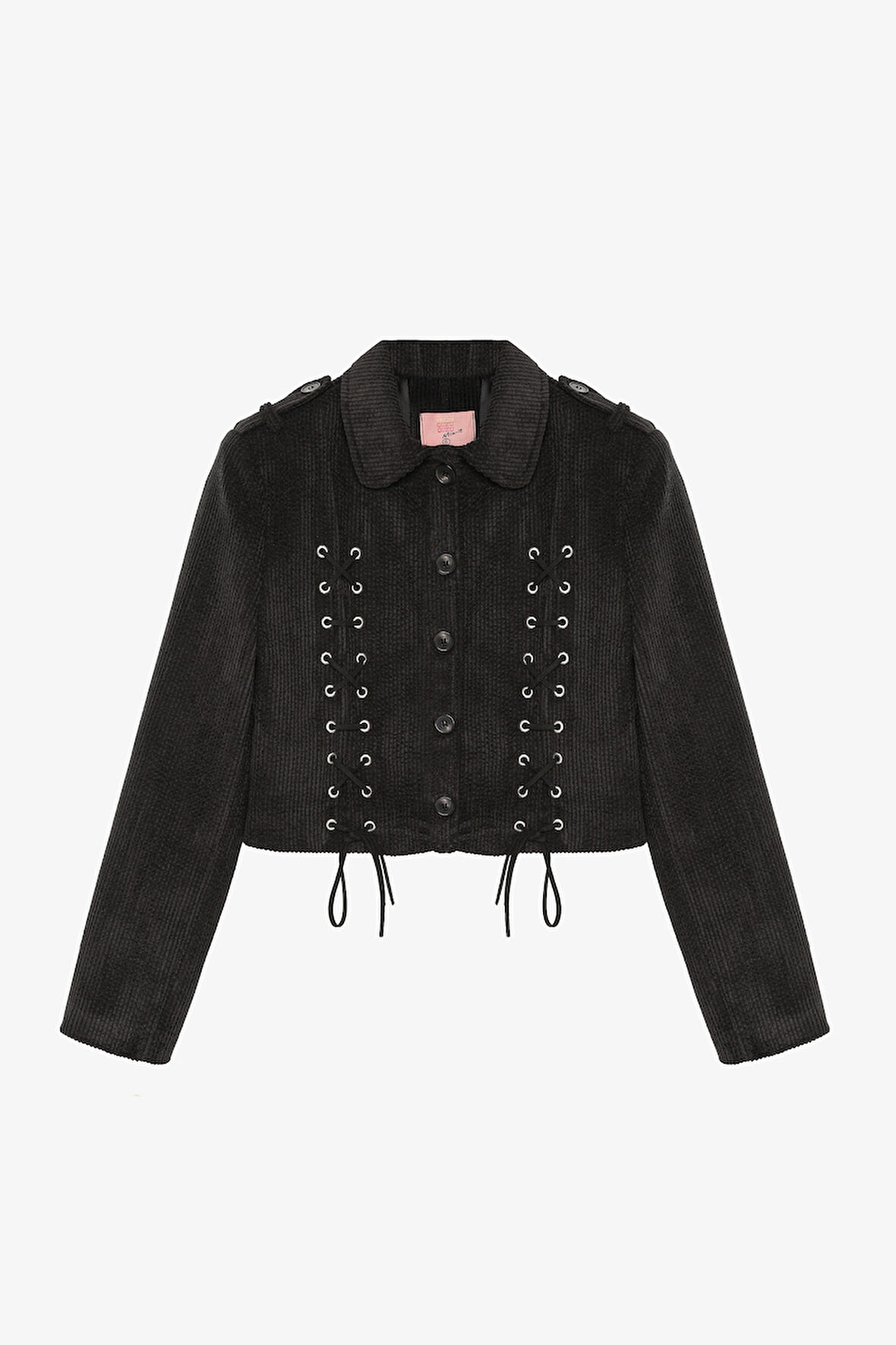 Bağcıklı Kadife Fitilli Ceket Siyah