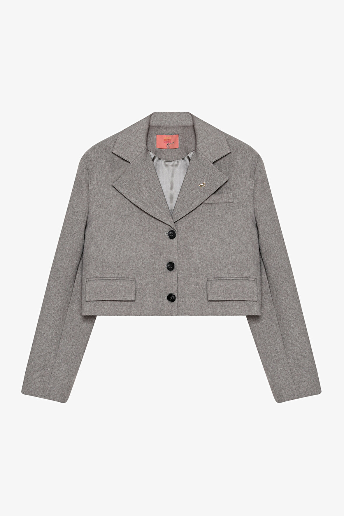 Broş Aksesuarlı Düğmeli Crop Blazer Ceket Gri