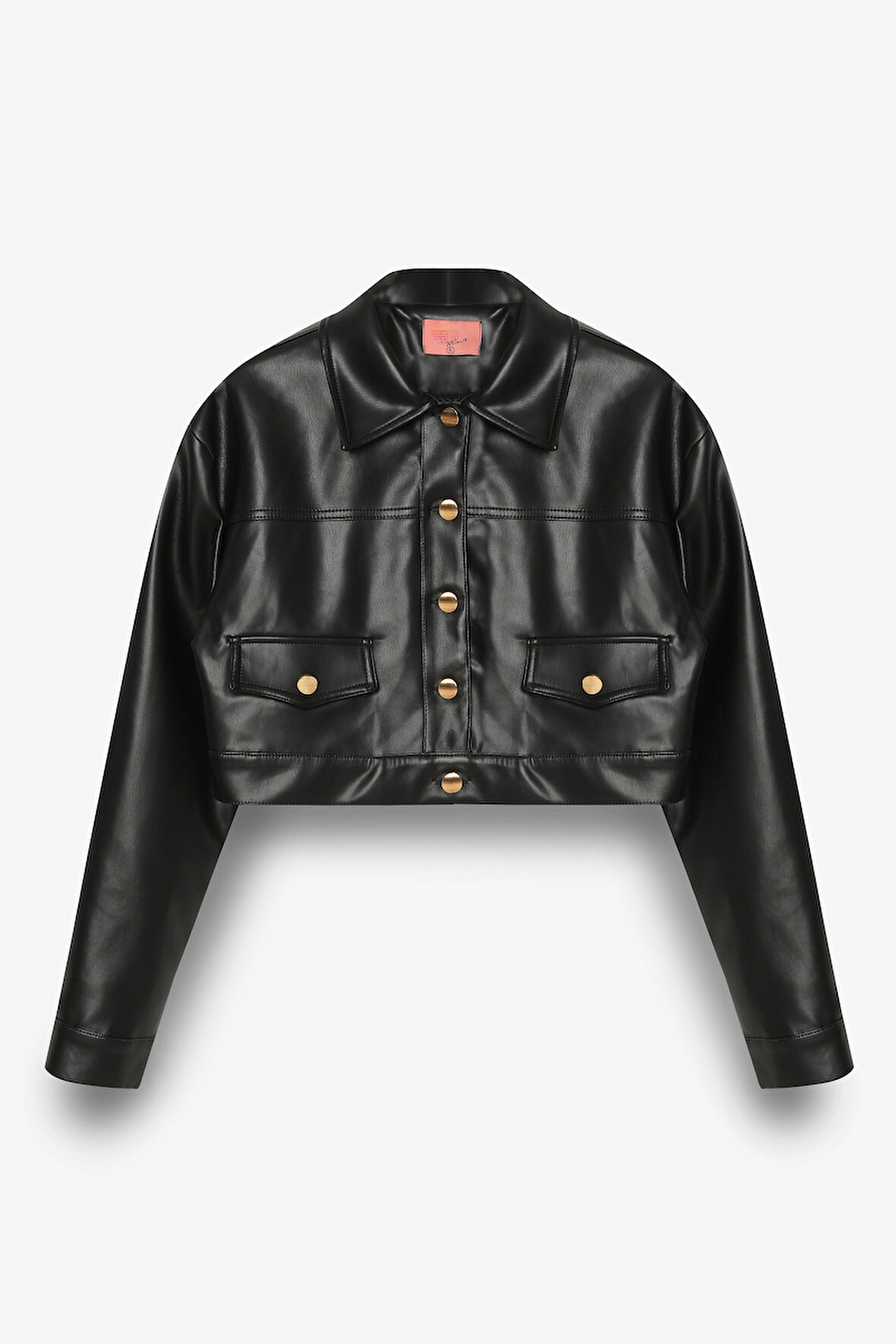 Çift Cepli Düğmeli Crop Deri Ceket Siyah