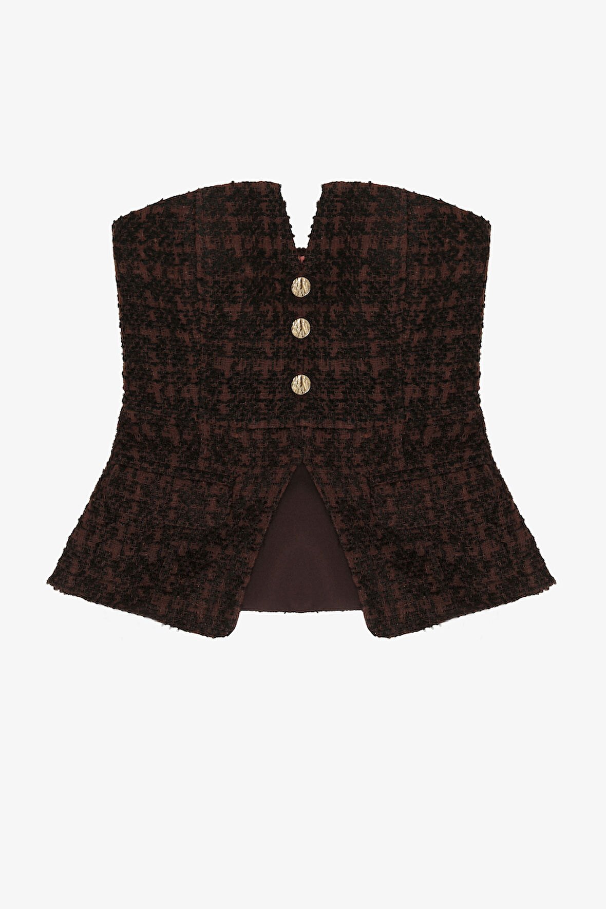 Düğmeli Tüvit Straplez Büstiyer Bluz Kahverengi