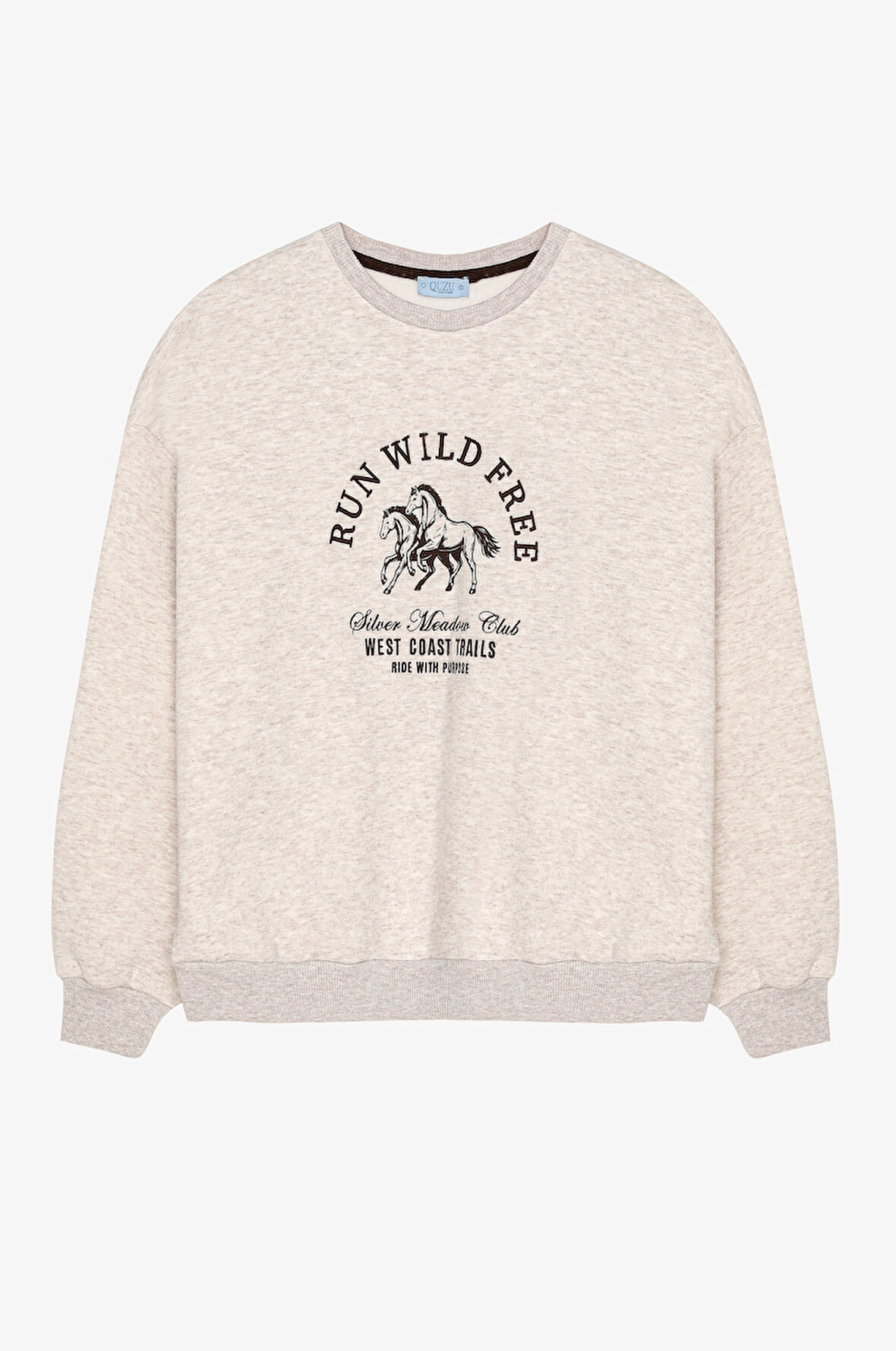 At Baskılı Yazı Nakışlı Oversize Sweatshirt Bej