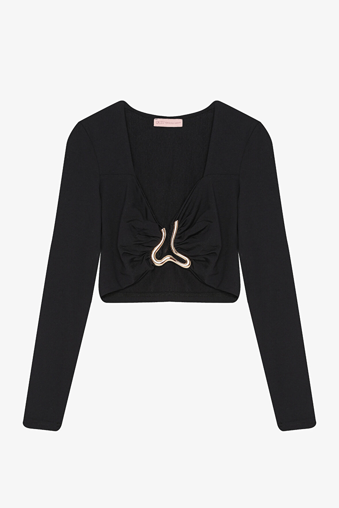 Drapeli Tokalı Crop Bluz Siyah