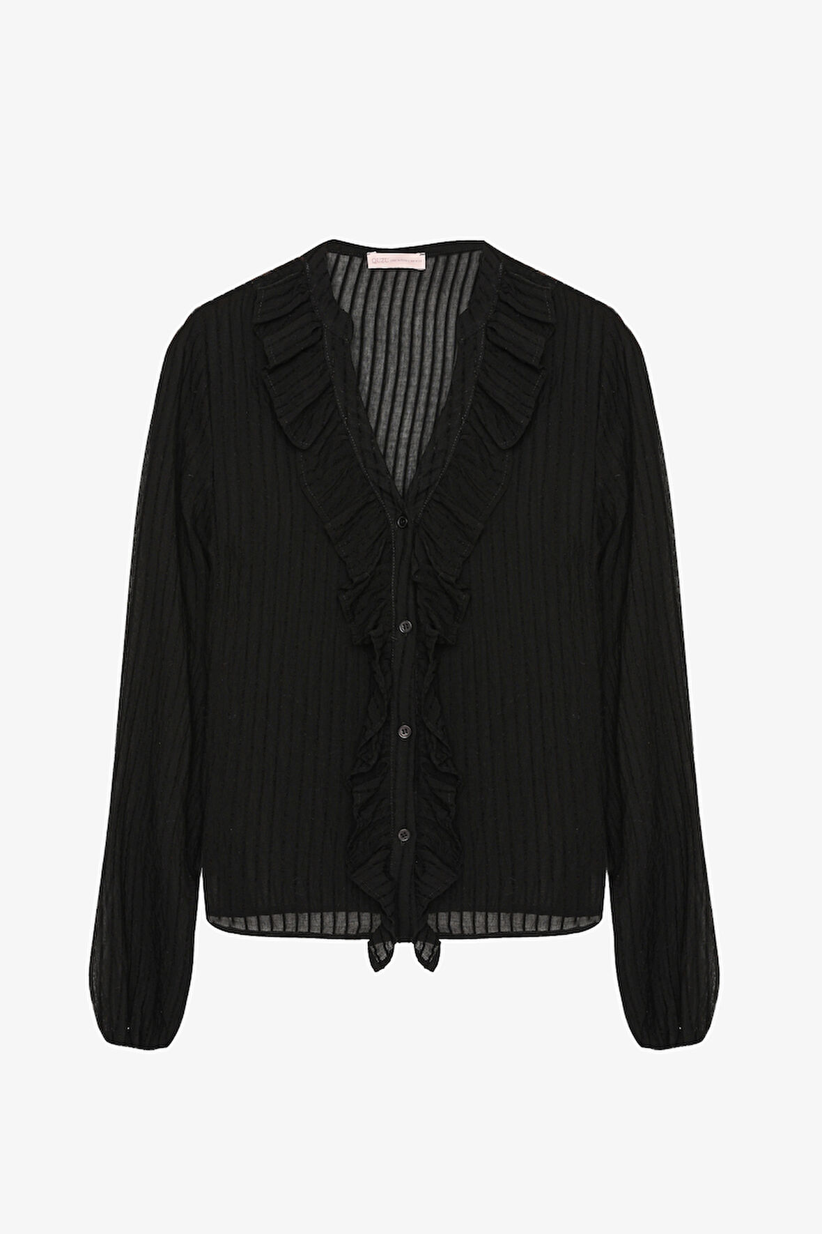 Fırfırlı V Yaka Transparan Gömlek Siyah