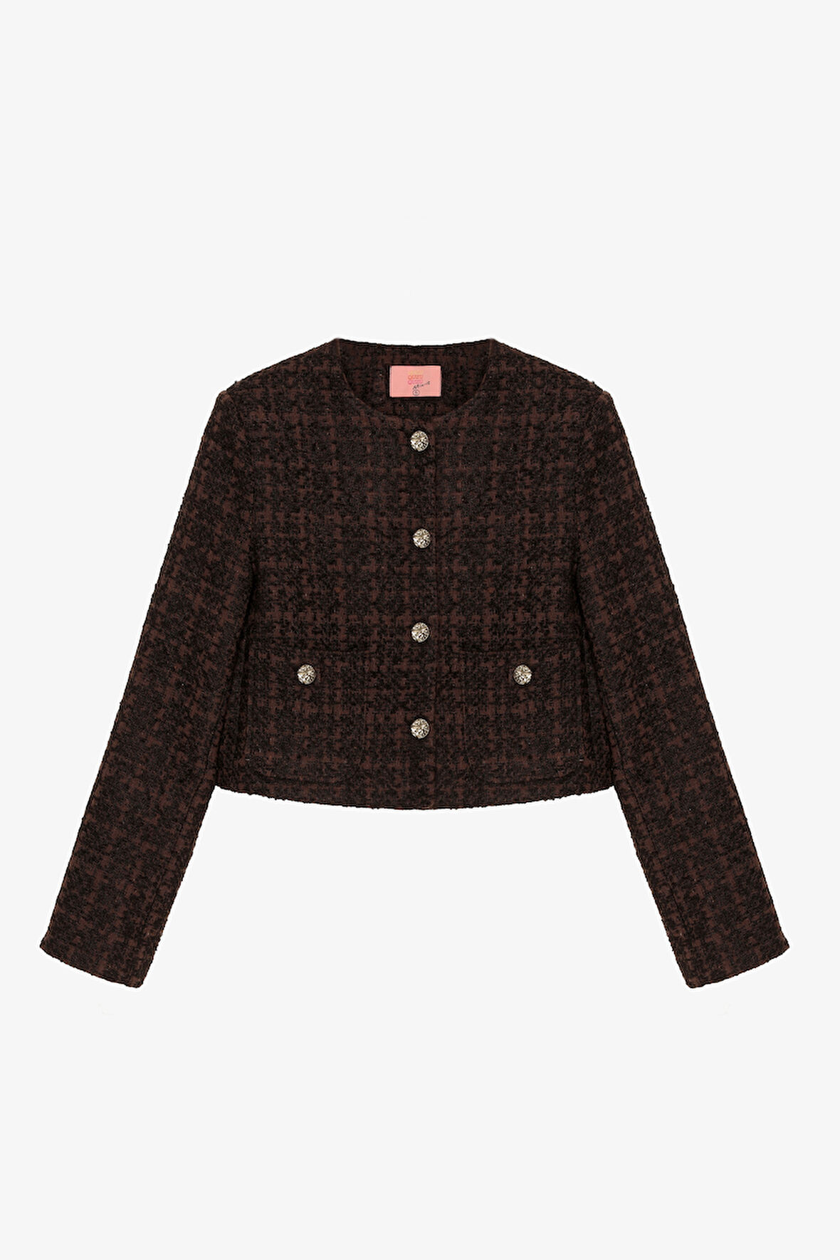 Yuvarlak Yaka Gold Düğmeli Tüvit Ceket Kahverengi