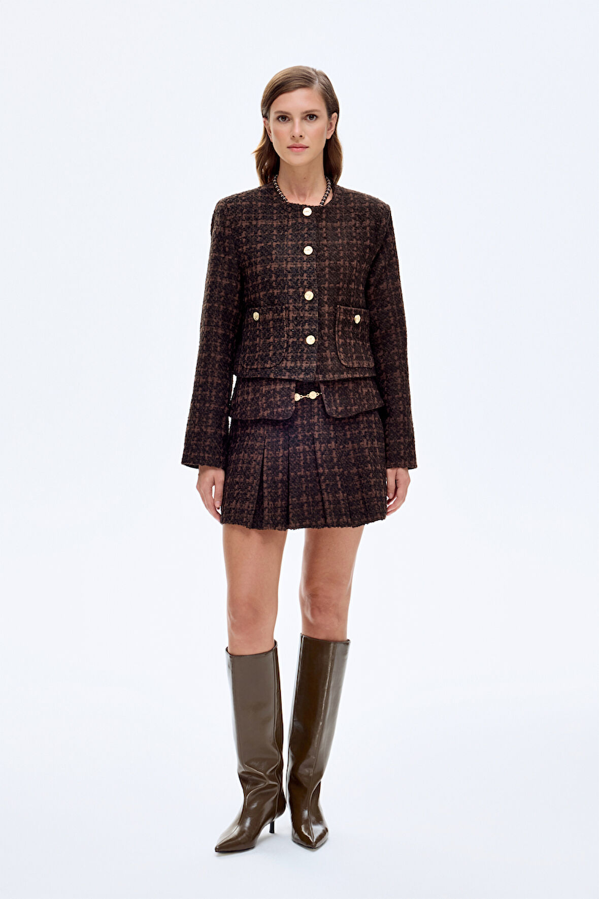 Yuvarlak Yaka Gold Düğmeli Tüvit Ceket Kahverengi