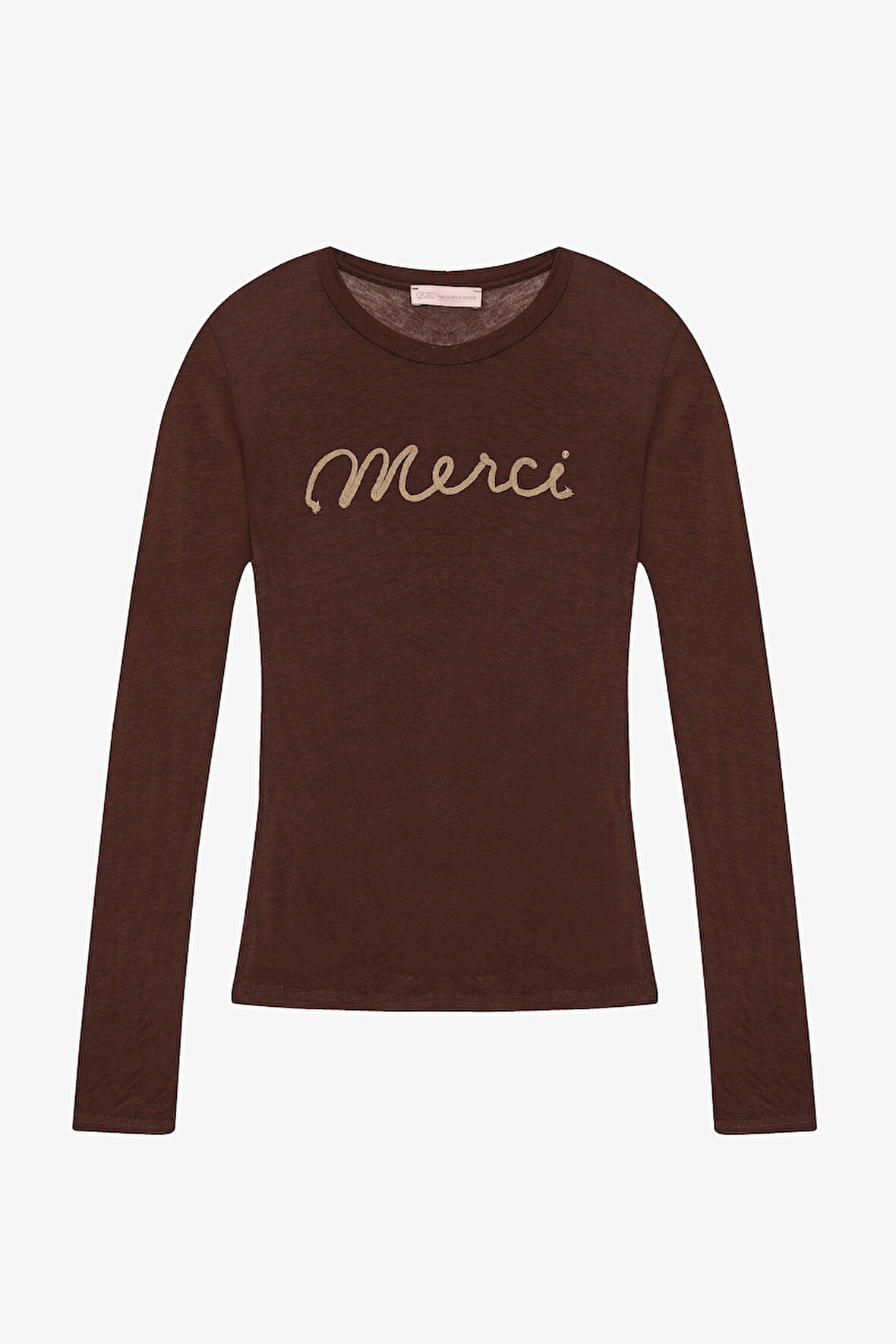 Yazı Nakışlı Tül Bluz Kahverengi