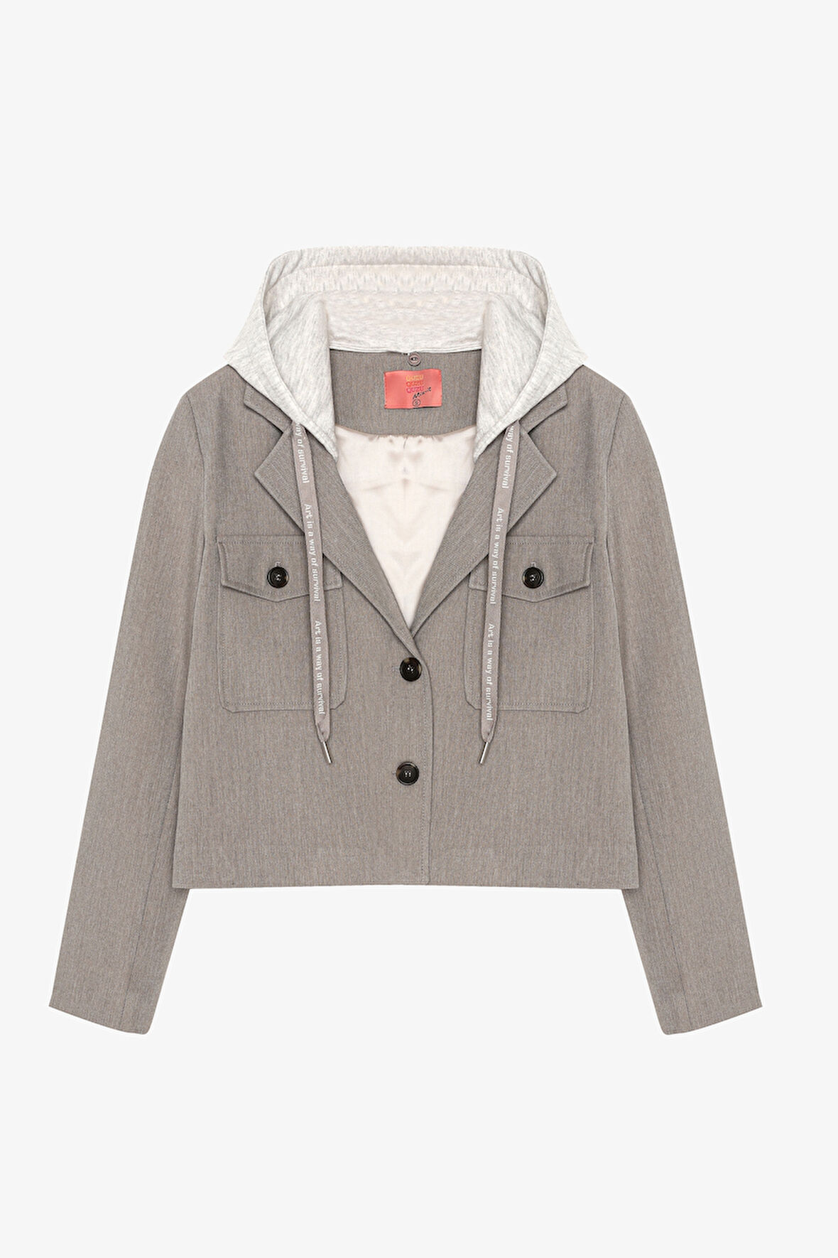 Kapüşon Garnili Cepli Ceket Gri