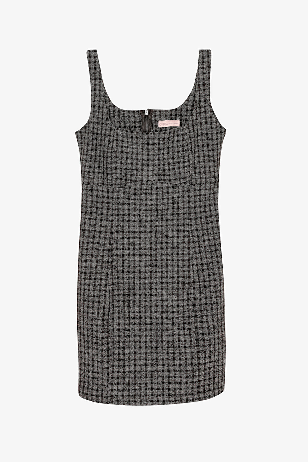 Ekose Kare Yaka Mini Elbise Kahverengi