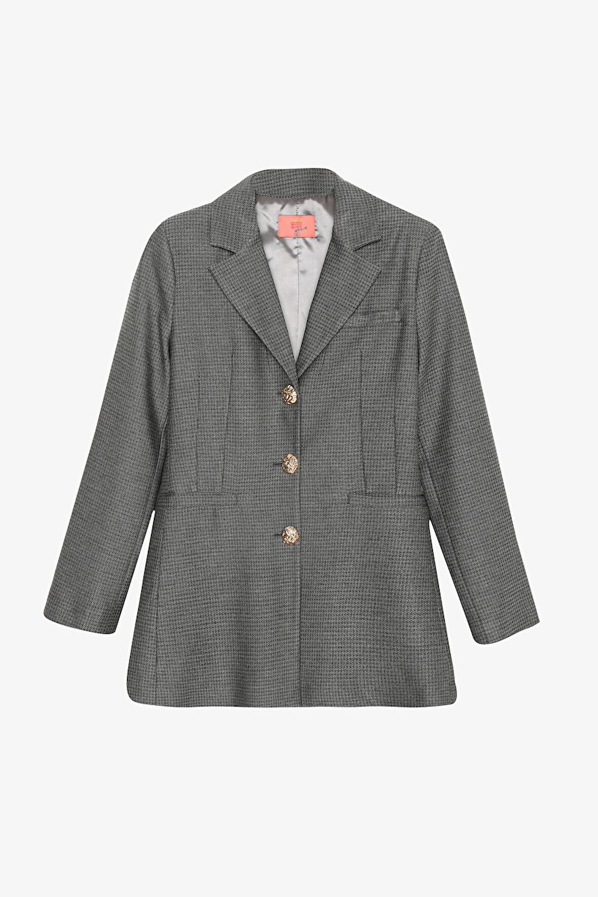 Kazayağı Desenlı Düğmeli Blazer Ceket Gri