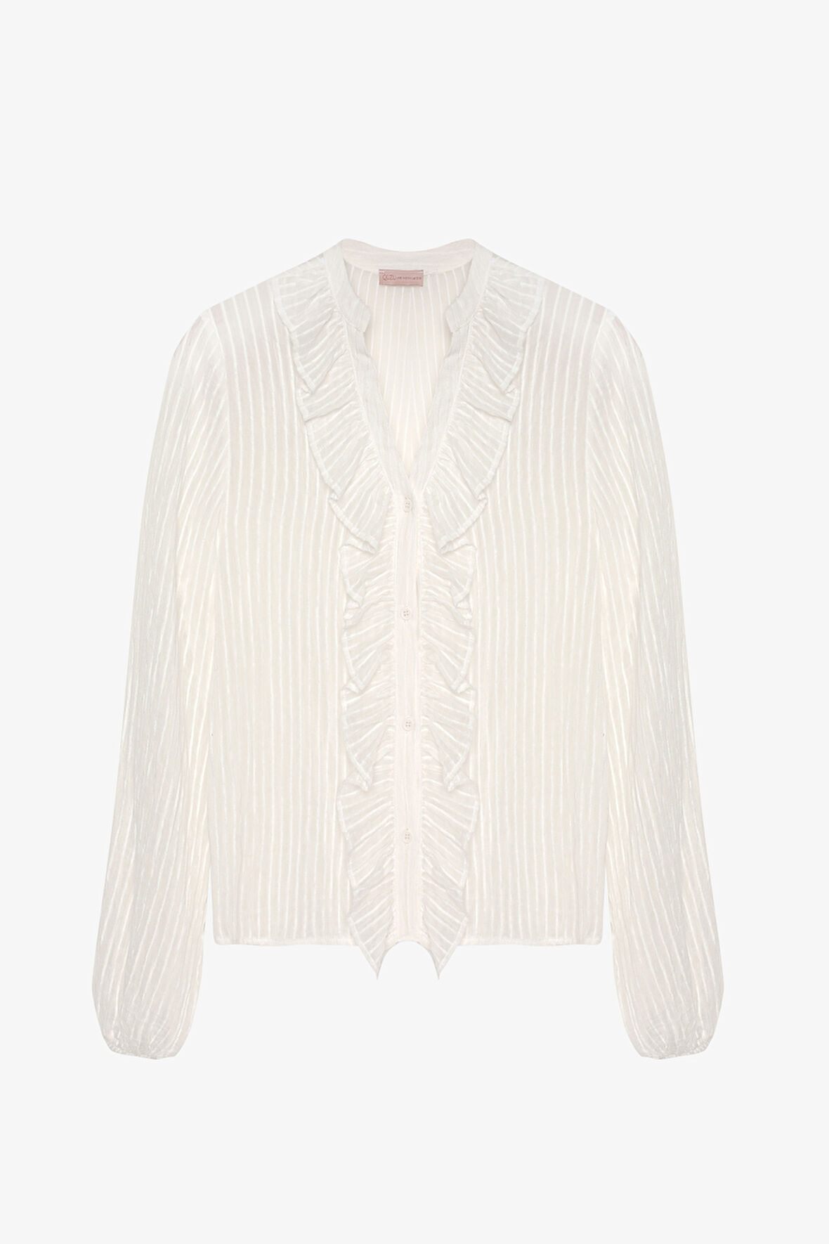 Fırfırlı V Yaka Transparan Gömlek Ekru