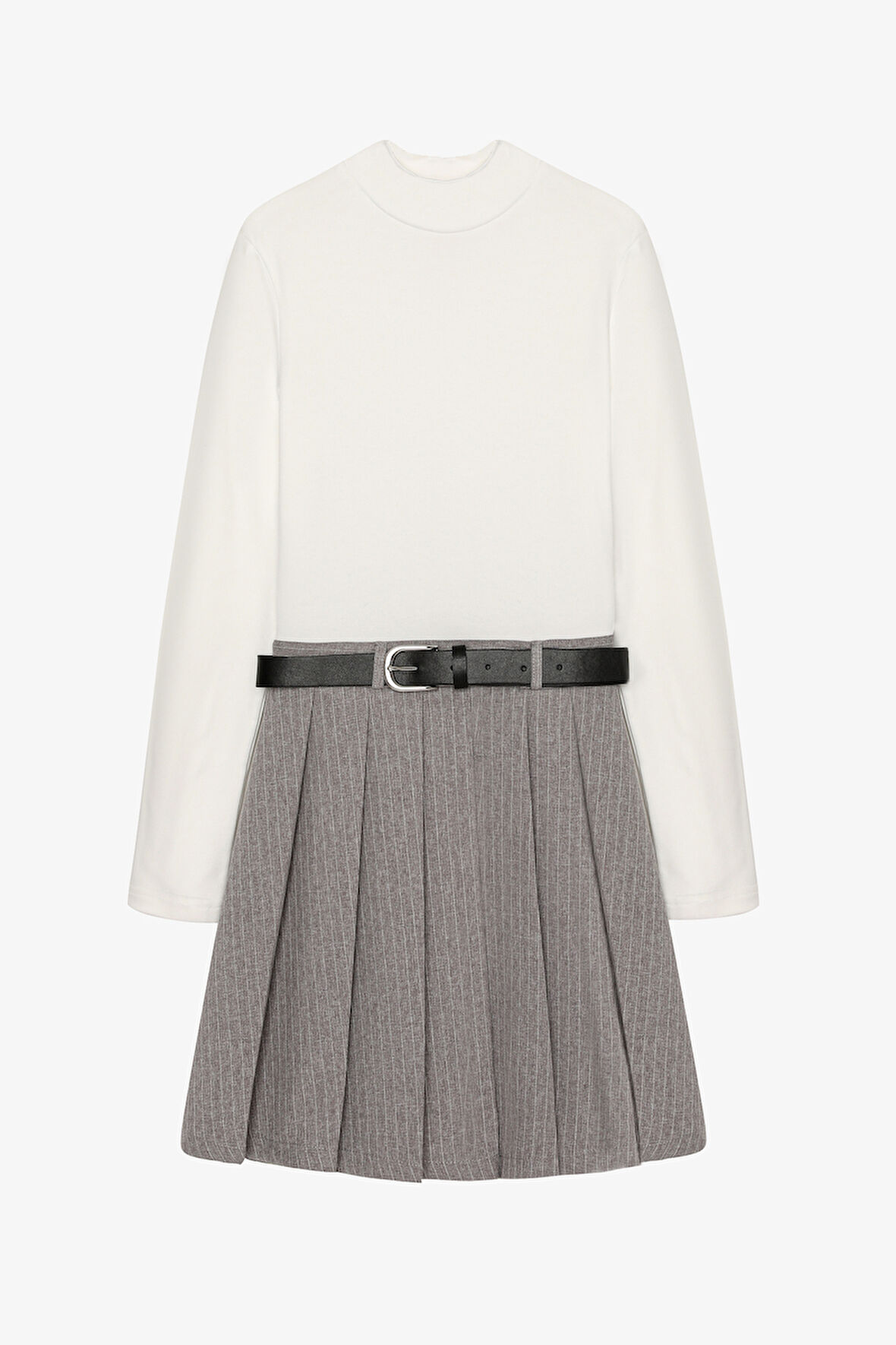 Kombine Kemerli Pileli Mini Elbise Ekru