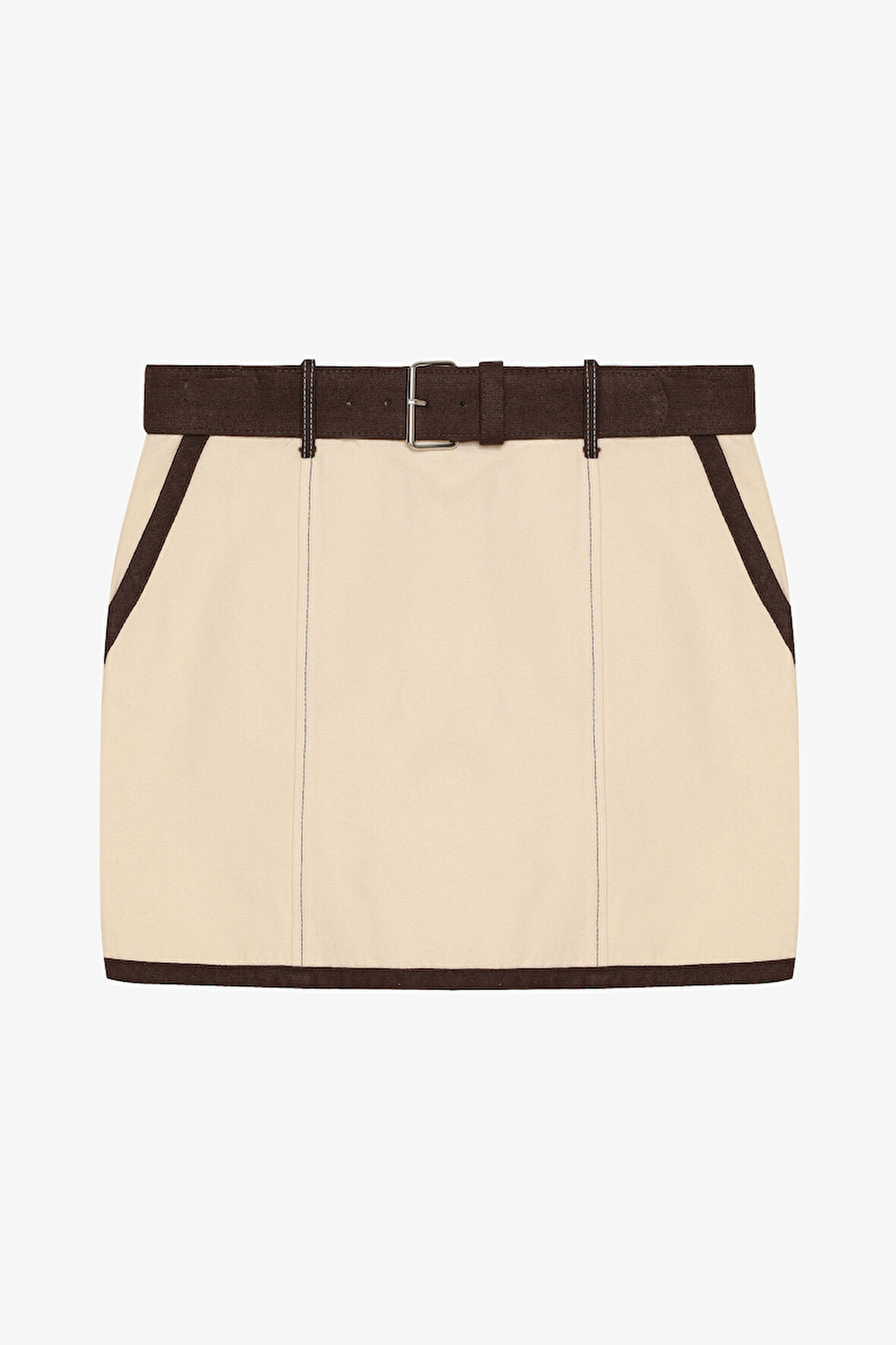 Kontrast Dikiş Detaylı Kemerli Mini Etek Bej