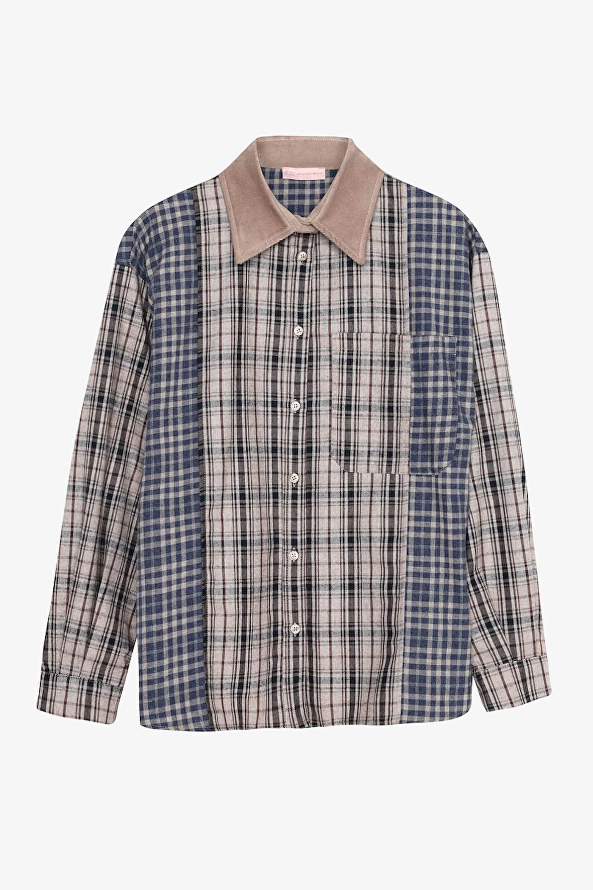 Renk Bloklu Ekose Oversize Gömlek Bej