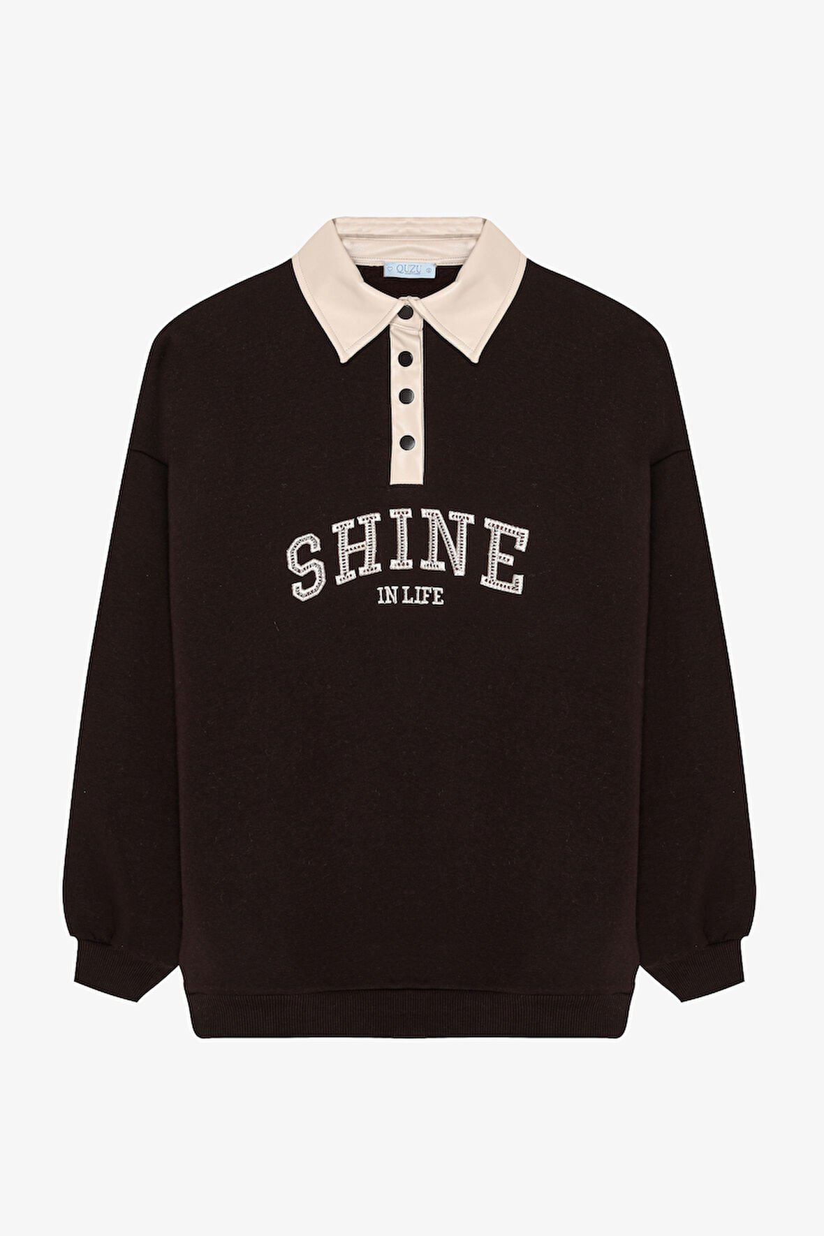 Kontrast Yaka Nakışlı Oversize Sweatshirt Kahverengi