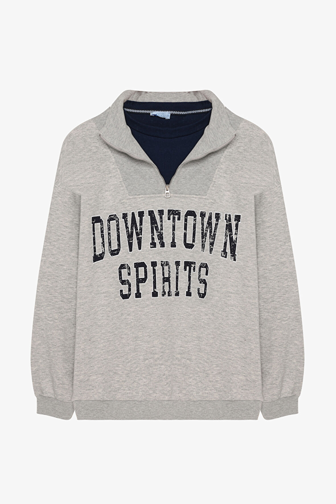 Fermuar Yaka Yazı Baskılı Oversize Sweatshirt Grimelanj