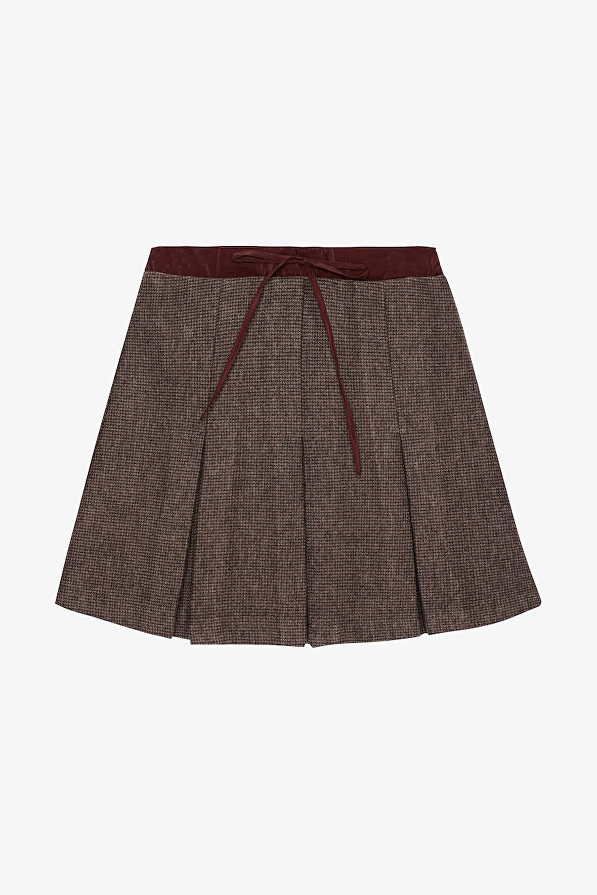 Beli Bağcıklı Pileli Mini Etek Kahverengi