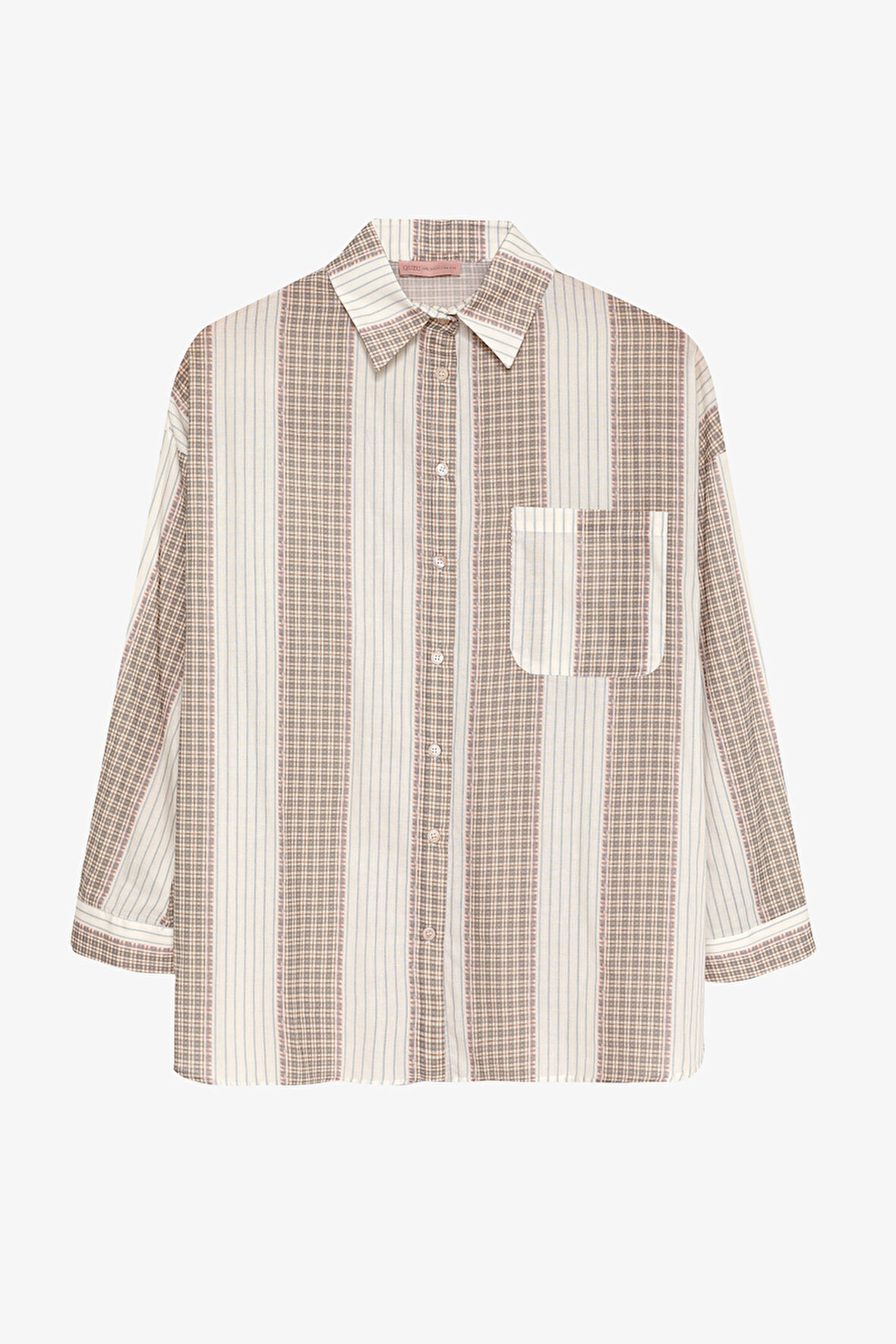 Çizgili Ekose Garnili Oversize Gömlek Ekru