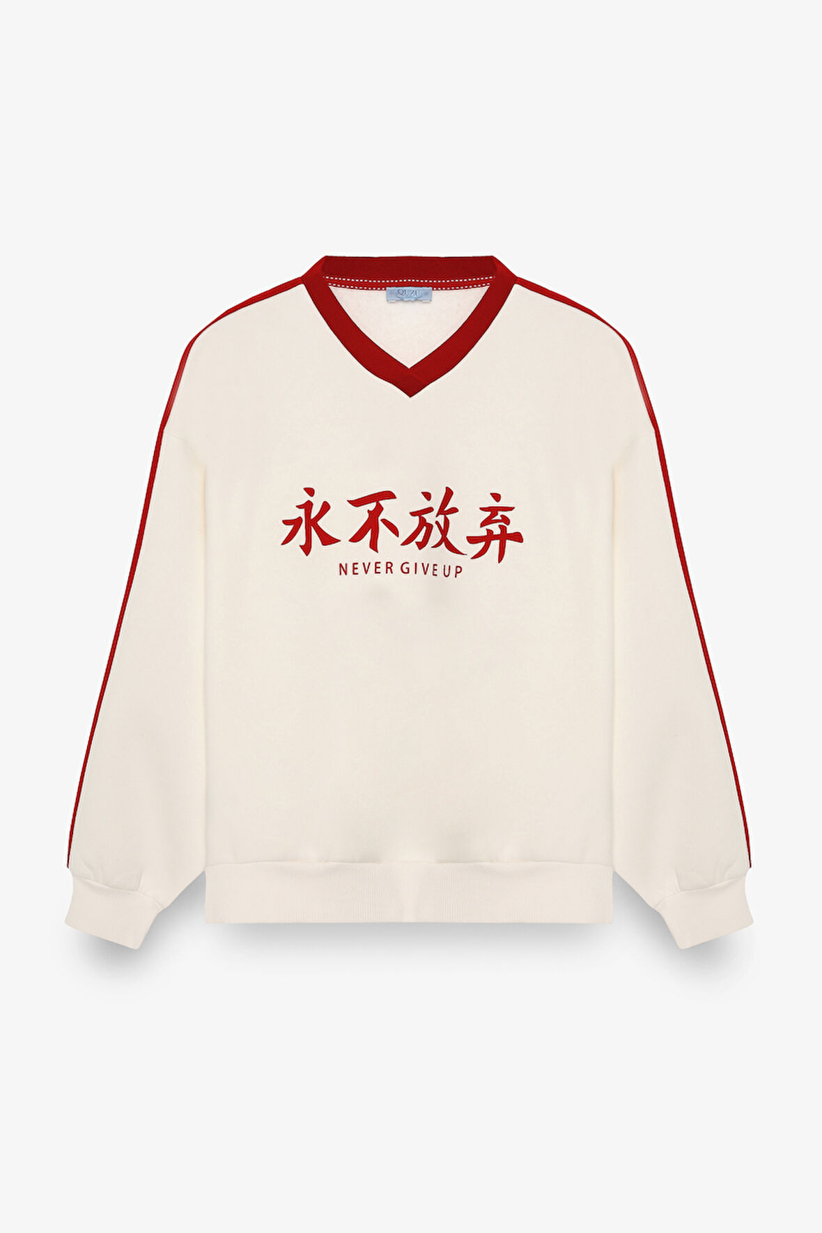 Şeritli Yazı Baskılı V Yaka Sweatshirt Ekru