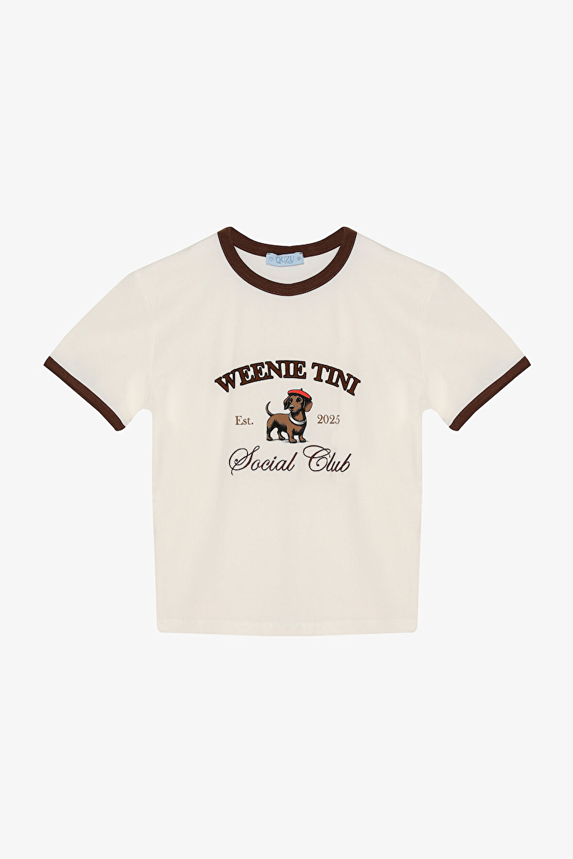 Kontrast Biyeli Yazı Baskılı Tişört Ekru